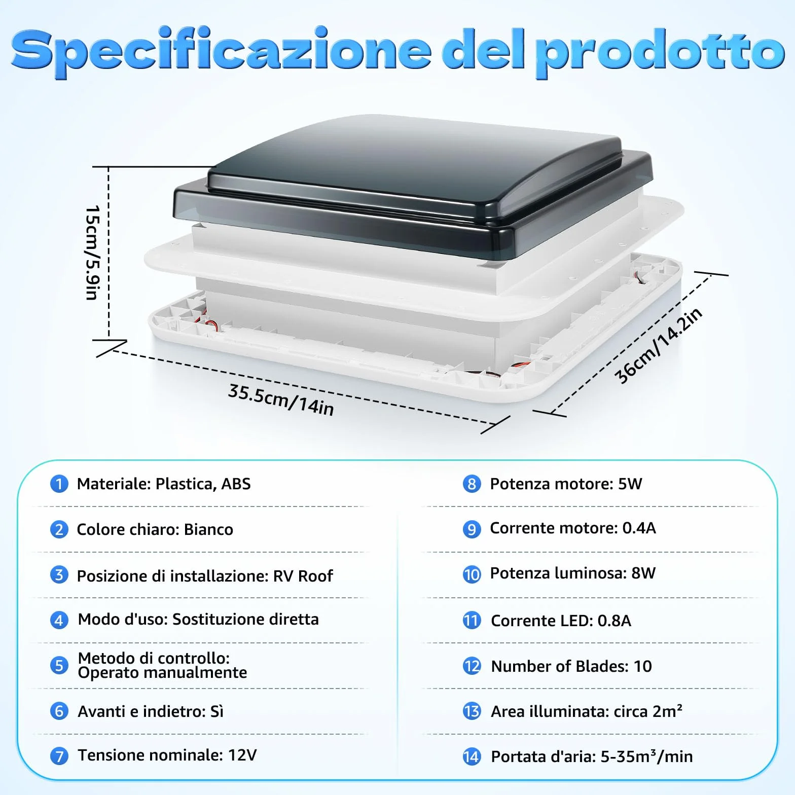 Ventilatore da soffitto per camper 280x280 mm LED 16,5 W 15 CBM/min 1000-1800 rpm
