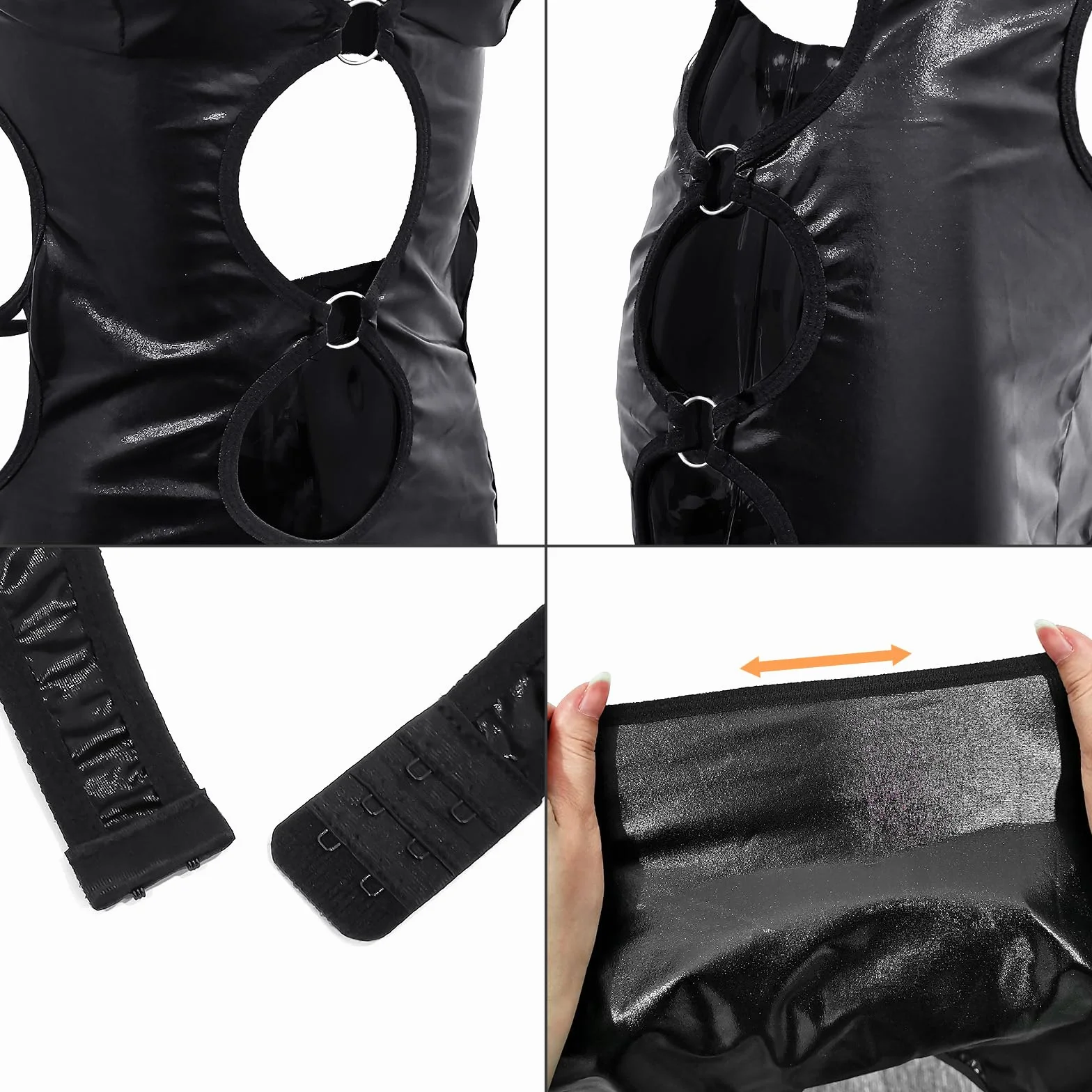 Sexy Patent Leather Mini Dress Bodysuit Deep V Neck Backless Lace Up Clubwear Black
