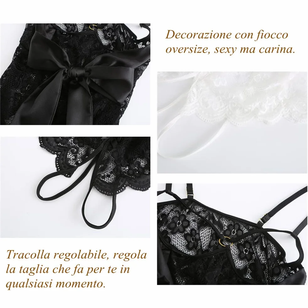 Donna Tuta di Pizzo Set Lingerie un Pezzo Mini Babydoll Orsacchiotto Scollo a V Profondo Nero M