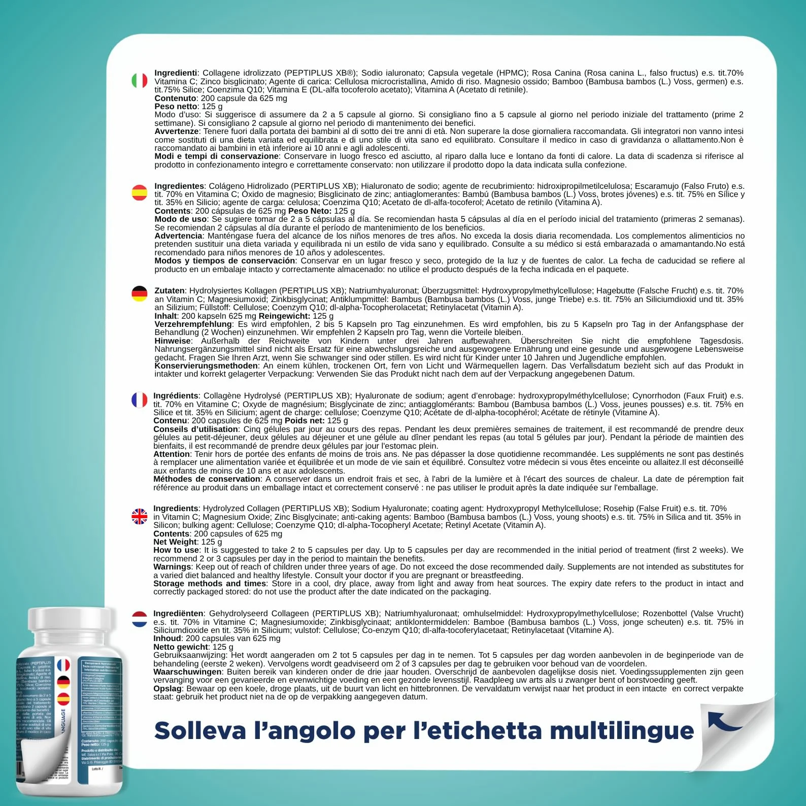 Collagene Idrolizzato 2000mg + Acido Ialuronico 500mg 200 Capsule Integratore con Vitamina C Coenzima Q10 Zinco