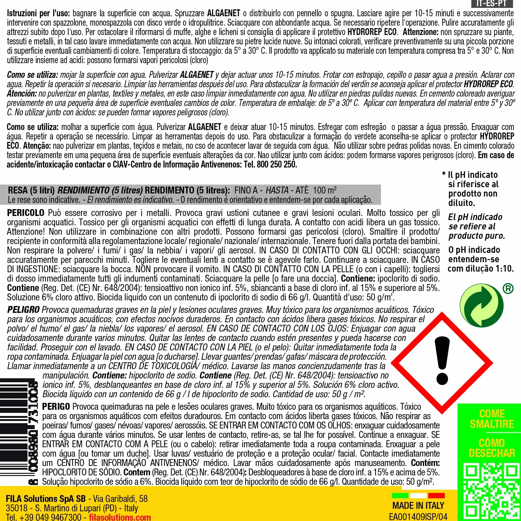 FILA Surface Care Solution ALGAENET Detergente Anti-Alghe 5 Litri