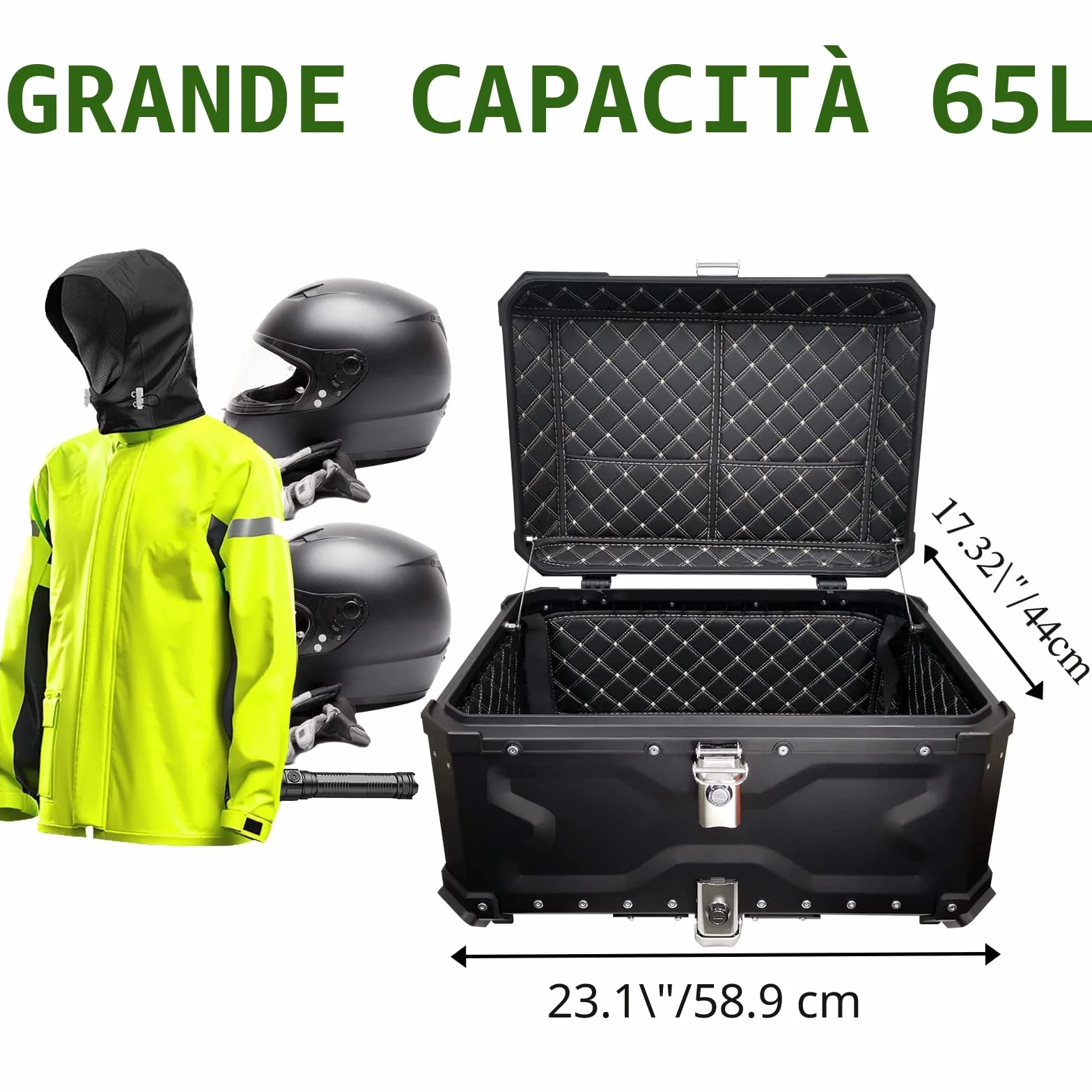 VOKKA Bauletto Moto, 65L Lega di Alluminio Bauletto, Impermeabile, Antipolvere e Antifurto, Bauletti Scooter per Conservazione Casco, Baule Moto con Schienale e Piastra di Base (Nero)