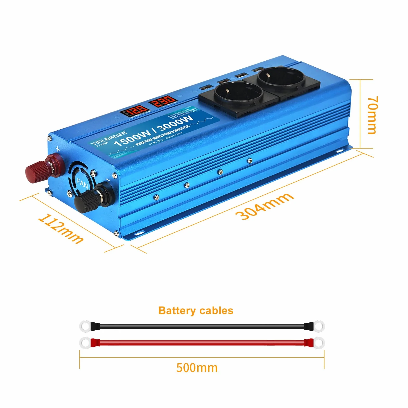 Yinleader 1500W 3000W Pure Sine Wave Power Inverter DC 12V to AC 220V 230V with 2 AC Outlets 4 USB Ports for Car Truck Camper