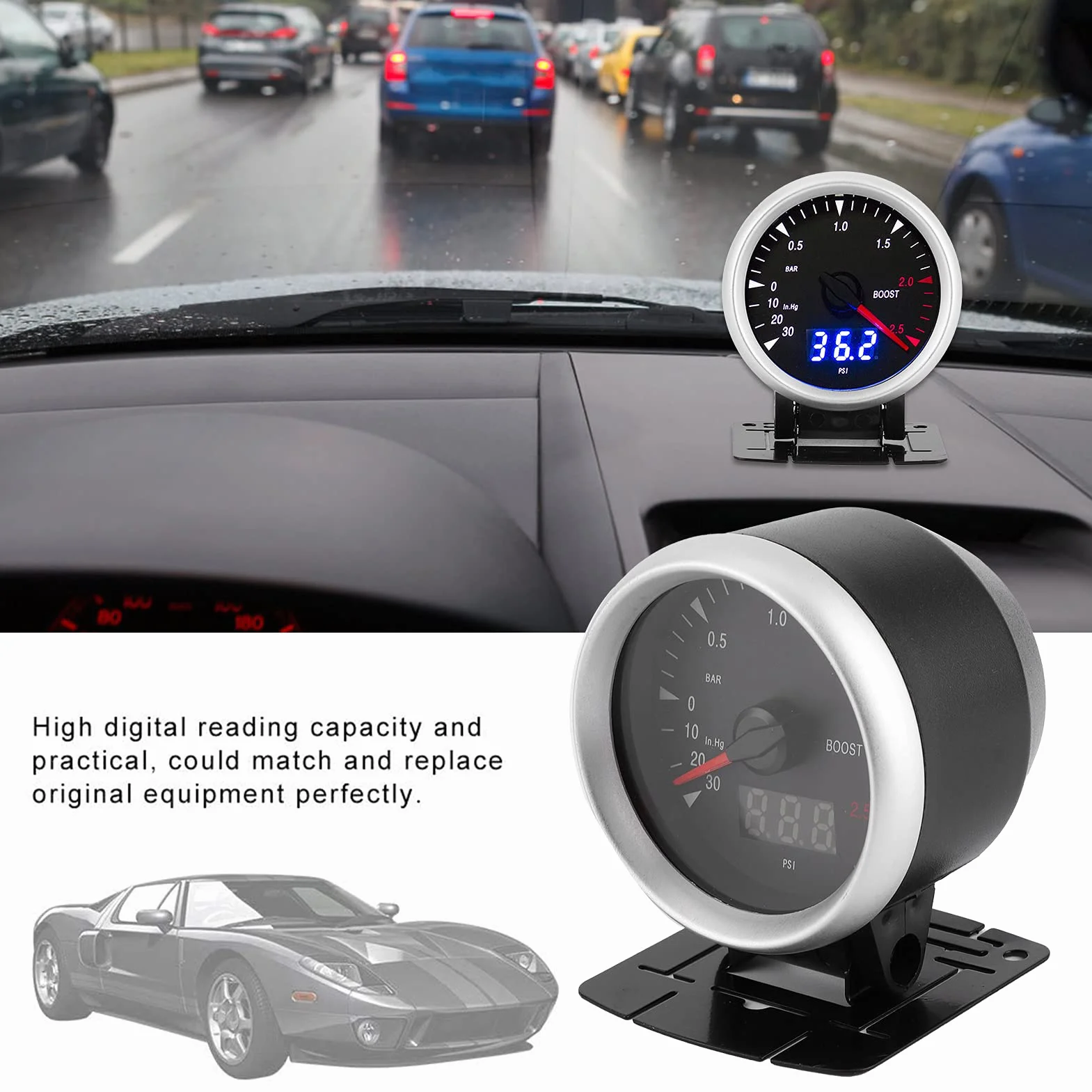 Pressione Turbo Auto 12V Misuratore Turbo Boost 60 mm/2,5 pollici 12 V manometro per aumento del turbo a LED universale - 30-202.5 Controllo indicatore LED a barre