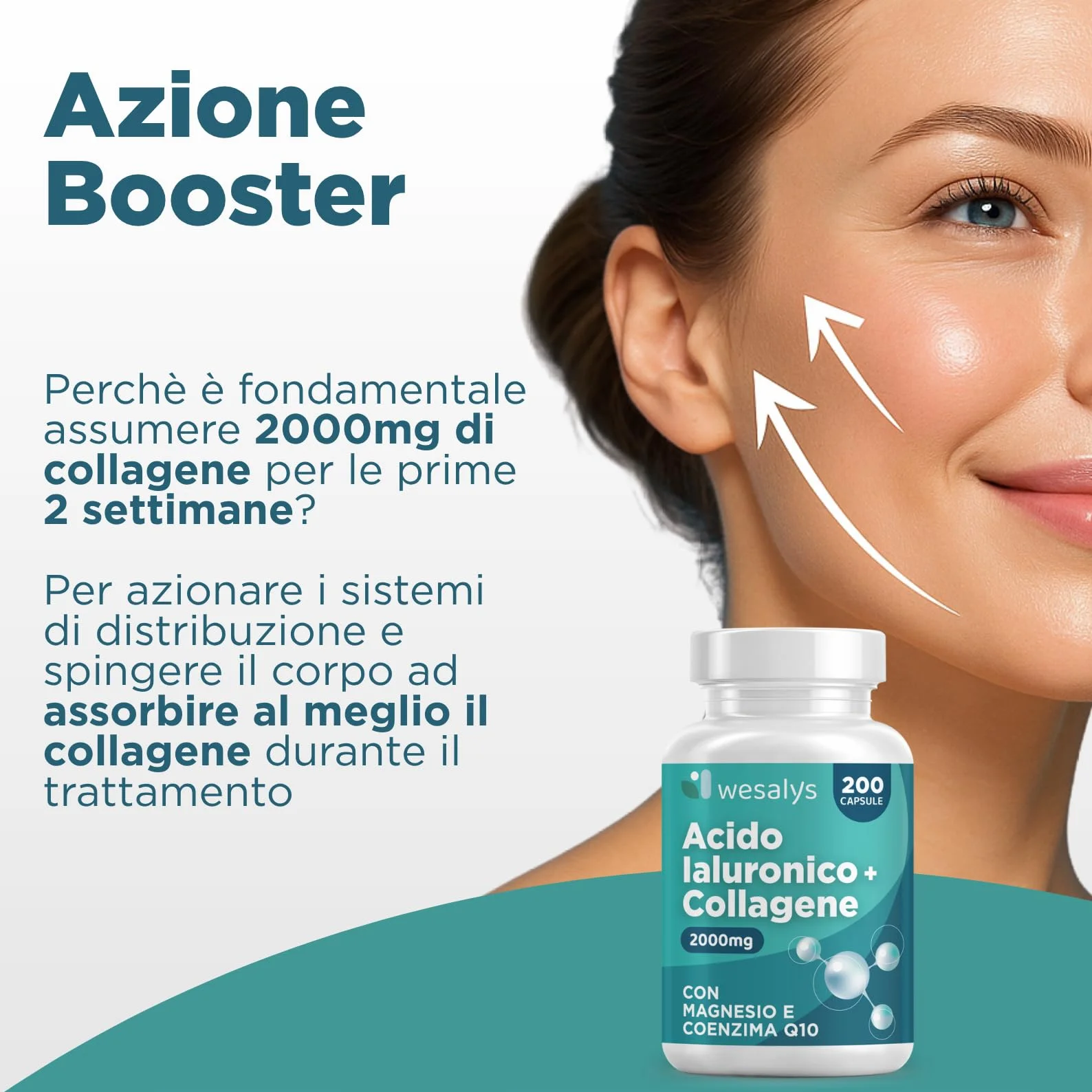 Collagene Idrolizzato 2000mg + Acido Ialuronico 500mg 200 Capsule Integratore con Vitamina C Coenzima Q10 Zinco