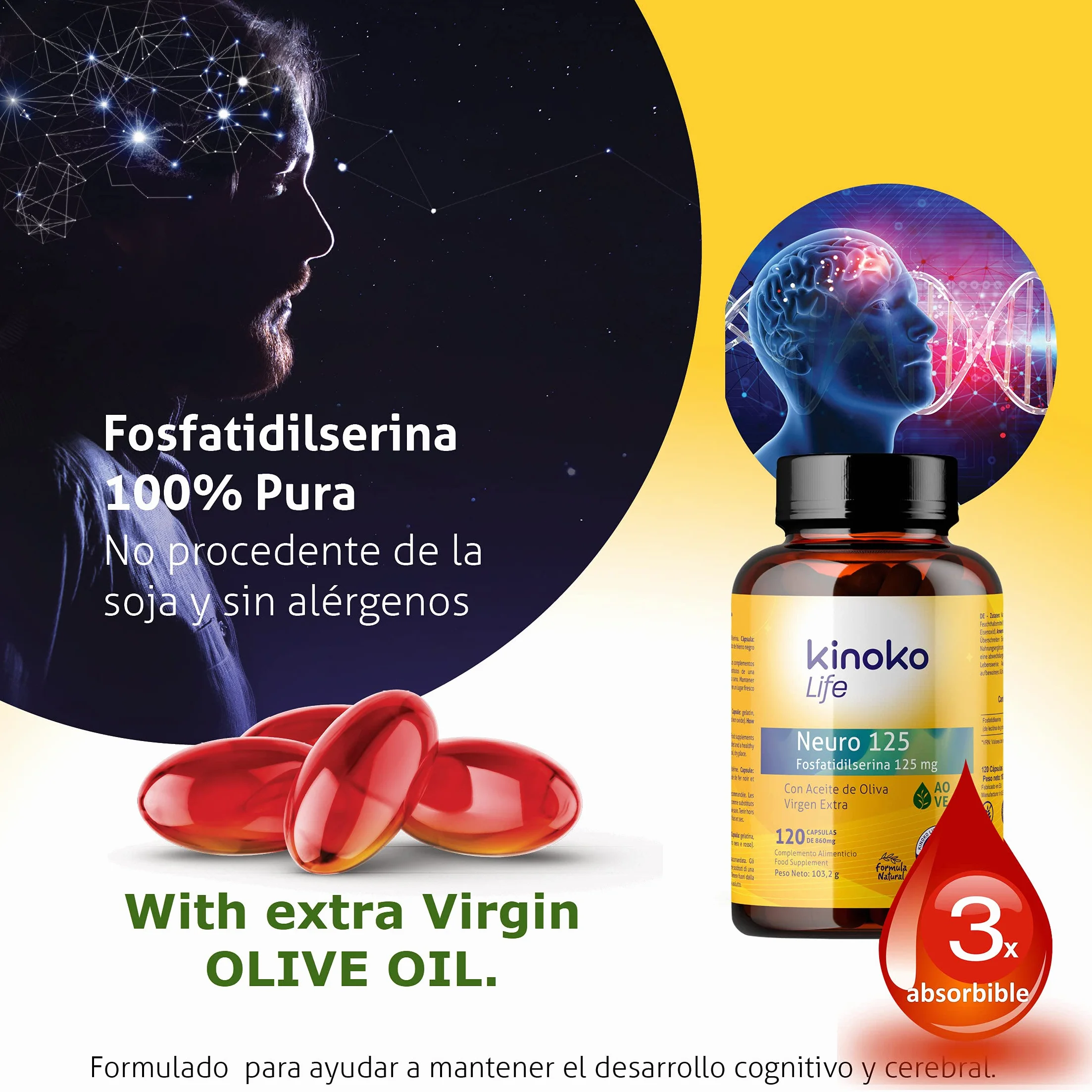 NEURO 125 Fosfatidilserina 125 mg 120 capsule softgel con olio d'Oliva Vergine Alta concentrazione No OGM