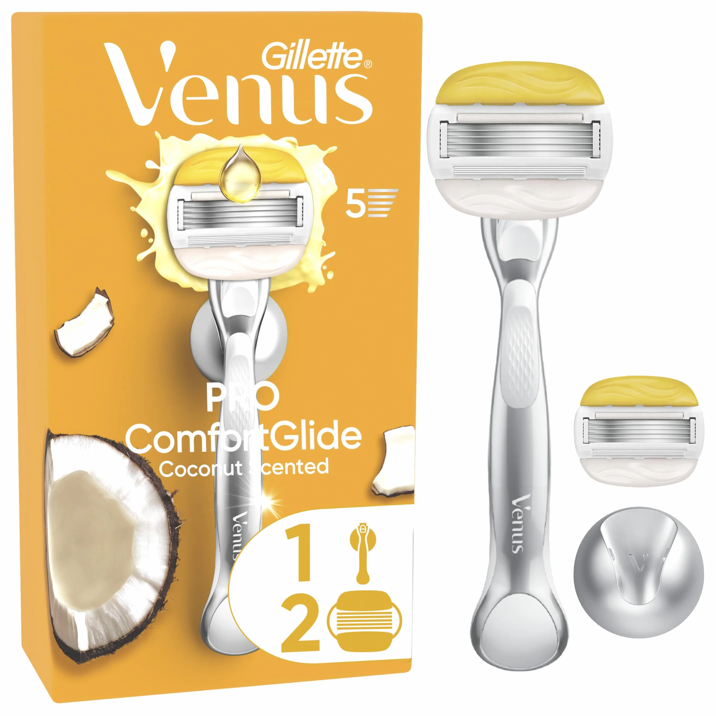 Gillette Venus Pro Comfortglide Rasoio da Donna al Profumo di Cocco 2 Lamette di Ricambio Manico in Metallo Riutilizzabile Gancio per Doccia
