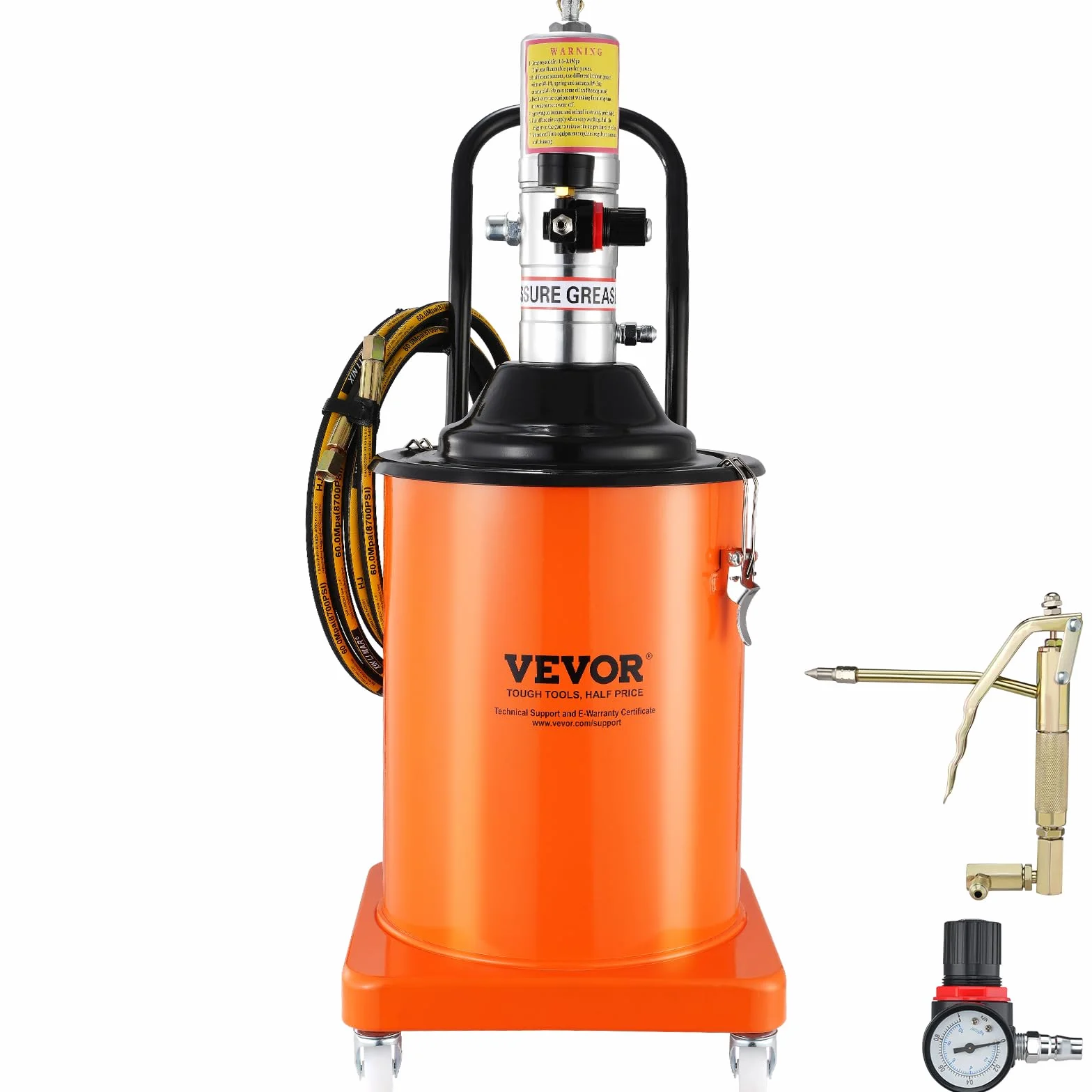 VEVOR Pompa per Grasso Pneumatica Rapporto di Pressione 50:1 Pompa per Secchio Grasso Pneumatica 20 Litri Pistola per Grasso Pompa Grasso Portatile Ruote Tubo da 4m Ugello a 360° Raccordo NPT Standard