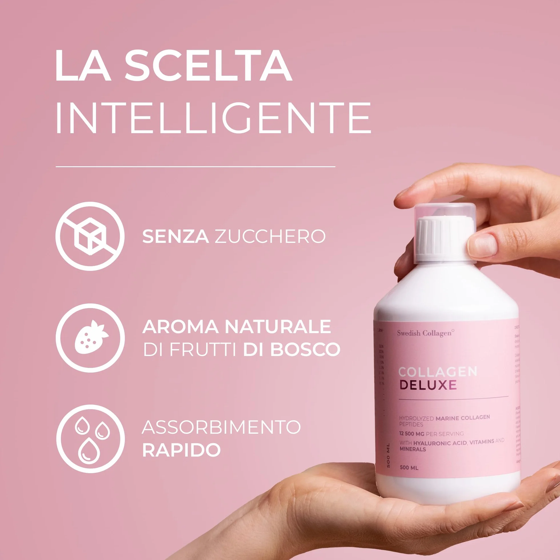 Swedish Nutra Integratore liquido collagene marino 12.500 mg 500 ml 20 giorni Peptidi vitamine capelli pelle unghie articolazioni Senza zucchero Clinicamente testato