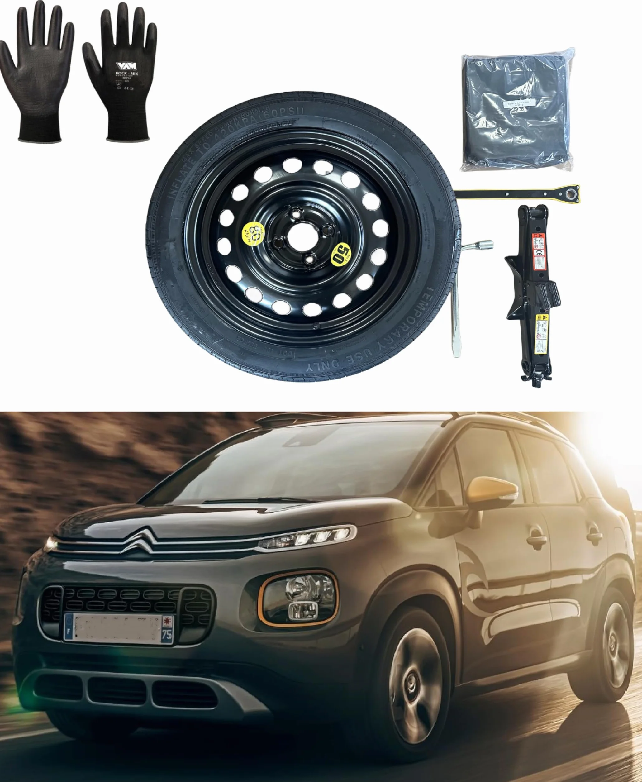Citroën C3 Kit Ruotino di Scorta 16" 125/85R16 Cric Chiave Guanti Sacca