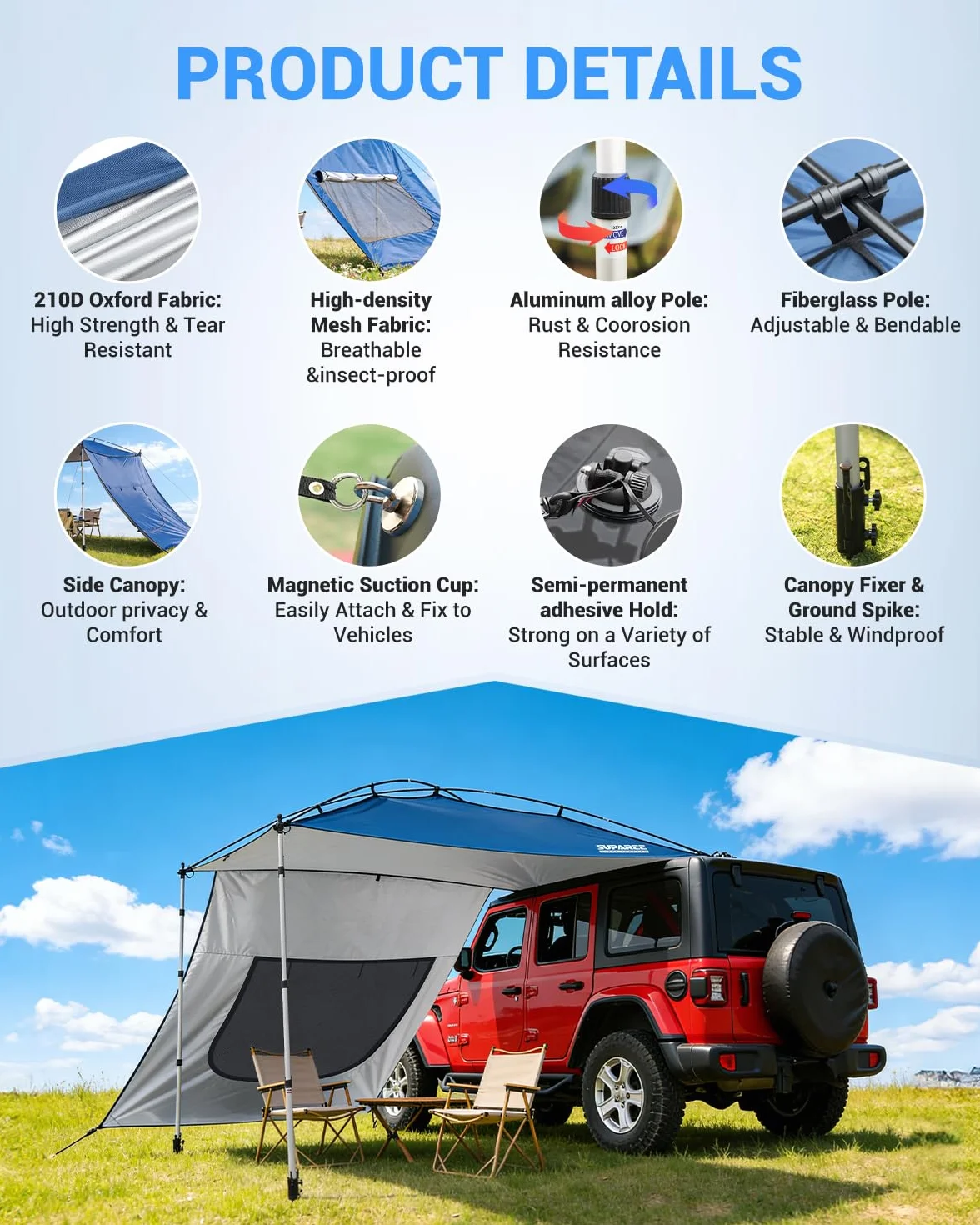 SUPAREE Tenda da Sole per Auto Tendalino Laterale per Auto Tendalino Camper per Parasole con Pali Rimovibile e Finestra con Zanzariera Protezione UV Impermeabile per SUV Camper Furgone Van