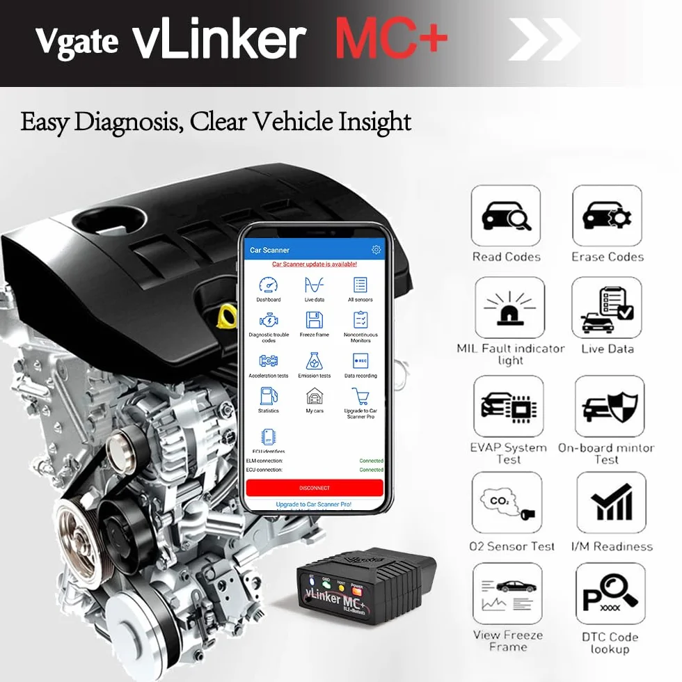 Vgate vLinker MC+ OBD2 Bluetooth Diagnostico Scanner per Auto iOS Android Windows