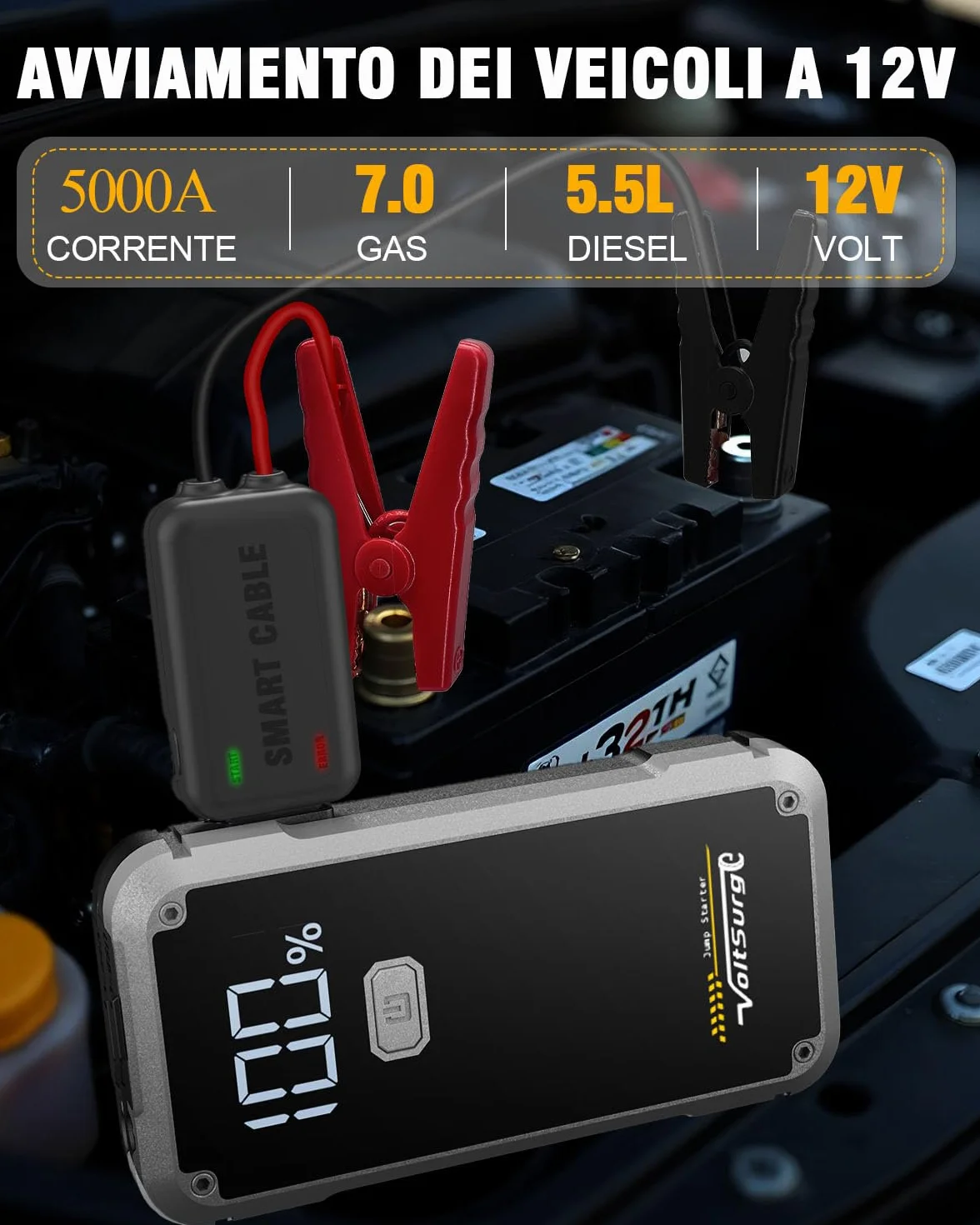 5000A 12V Jump Starter Avviatore Emergenza Auto per Fino 7.0L Benzina 5.5L Diesel