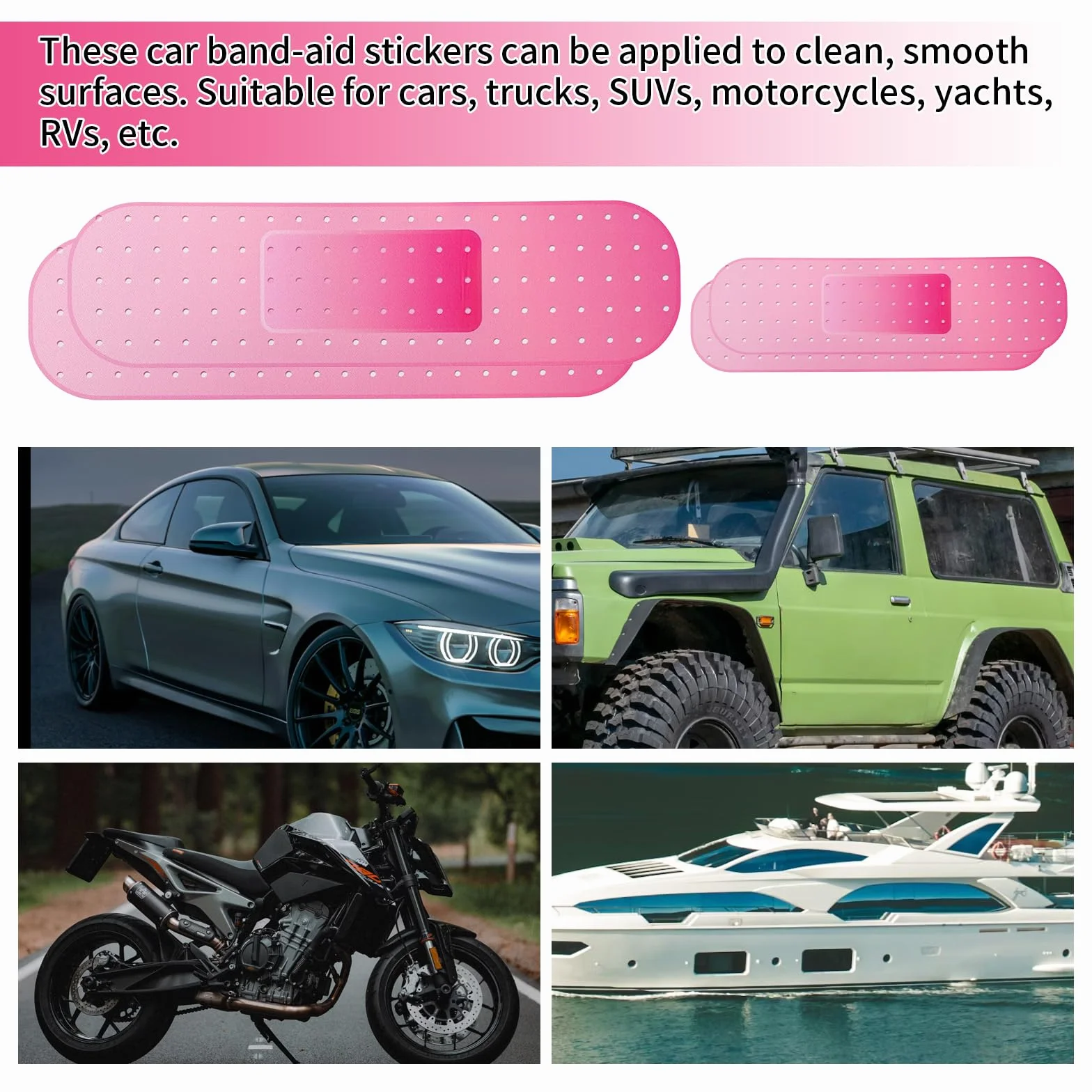 Lyreh 4pz Adesivo Cerotto Auto, 2 Misure Grandi Adesivi Forma Cerotto Auto per Coprire Graffi Ammaccature Macchie Gigante Adesivo Divertente per Camion Suv Moto Yacht Camper (Rosa)