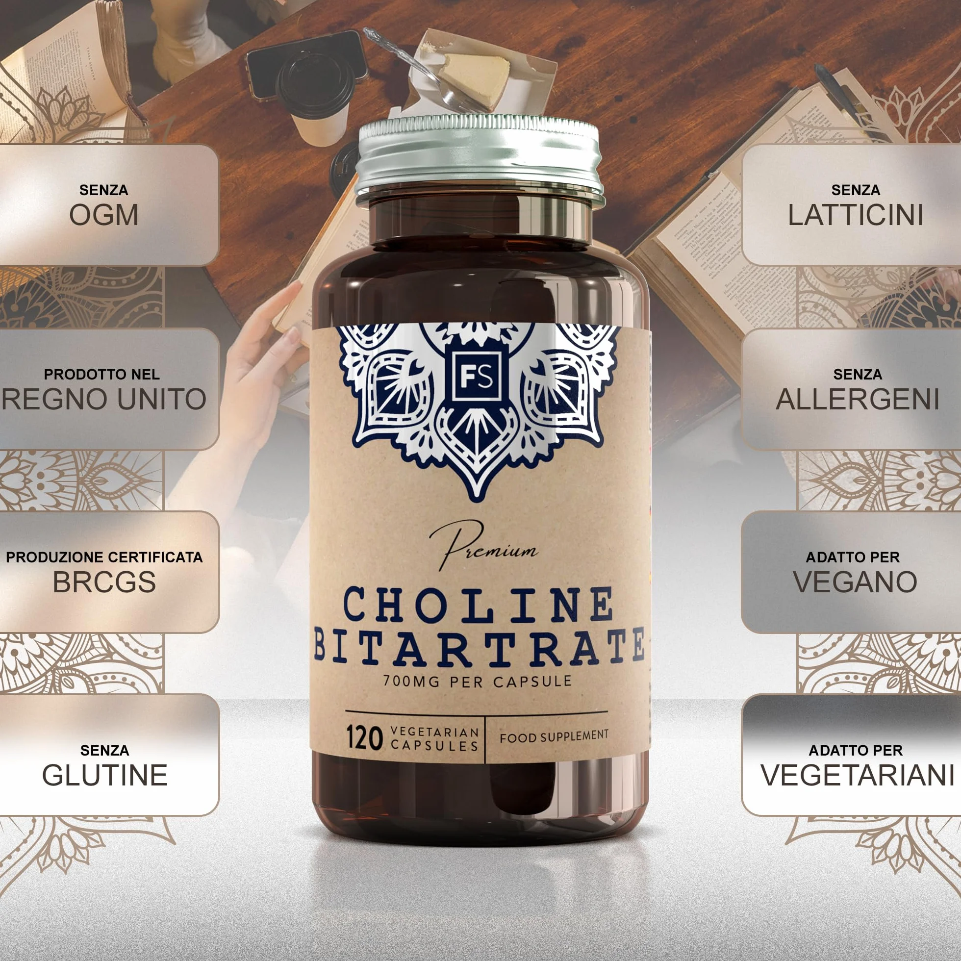 FS Colina 120 Choline Capsule 700mg Colina Bitartrato Integratore Non-OGM Senza Glutine
