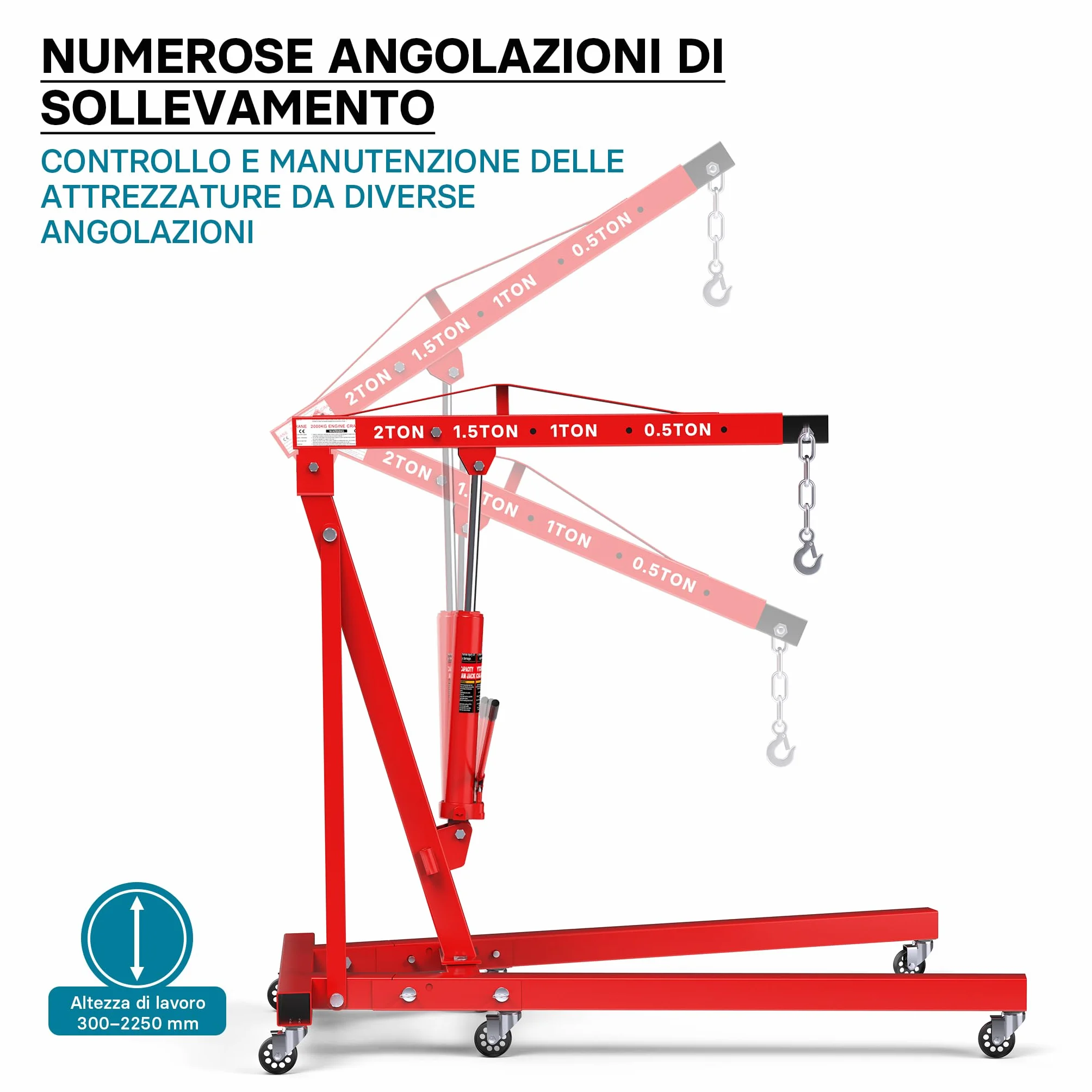 Wiltec gruetta idraulica da officina 2000kg, gru manuale pieghevole con doppia pompa