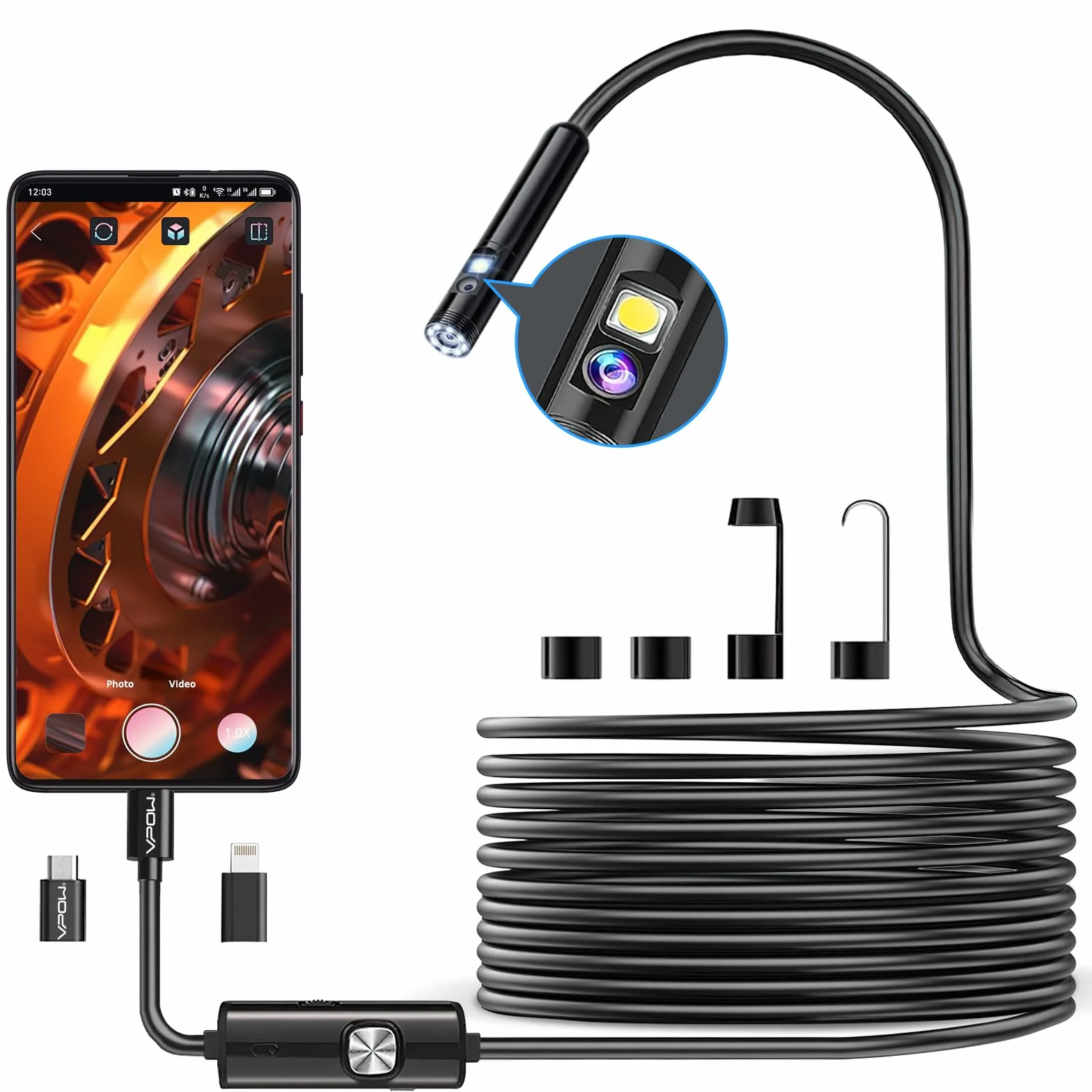 Telecamera Ispezione Endoscopio HD 1920P USB Doppia Lente 5M Cavo Semirigido 8 LED Senza WiFi per iPhone Android iOS