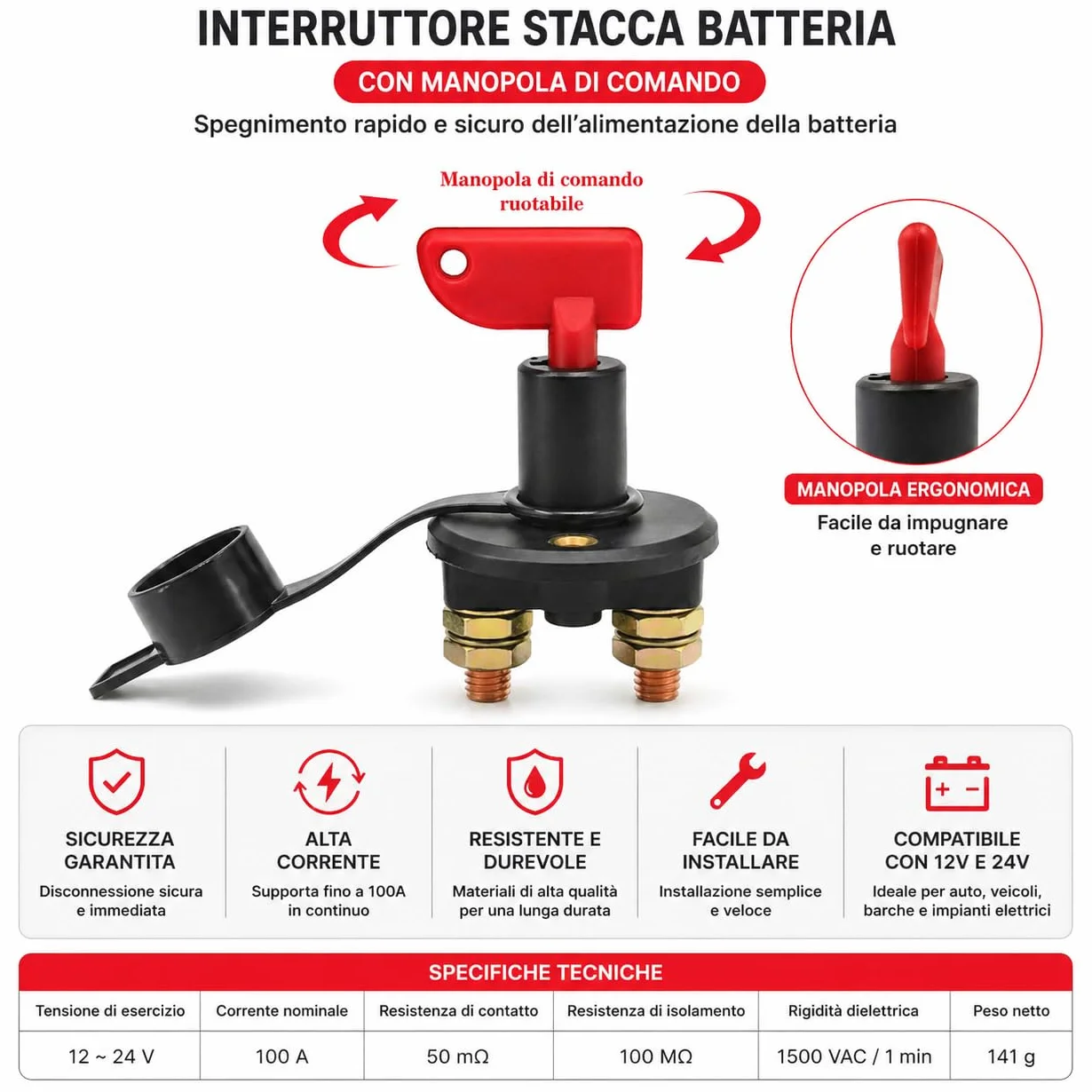 Topolenashop Staccabatteria Auto 12V/24V 100A 500A Picco – Interruttore Batteria Impermeabile con 2 Chiavi Rimovibili, Isolatore per Auto, Camper, Barca, Camion e ATV | SY-KG0084