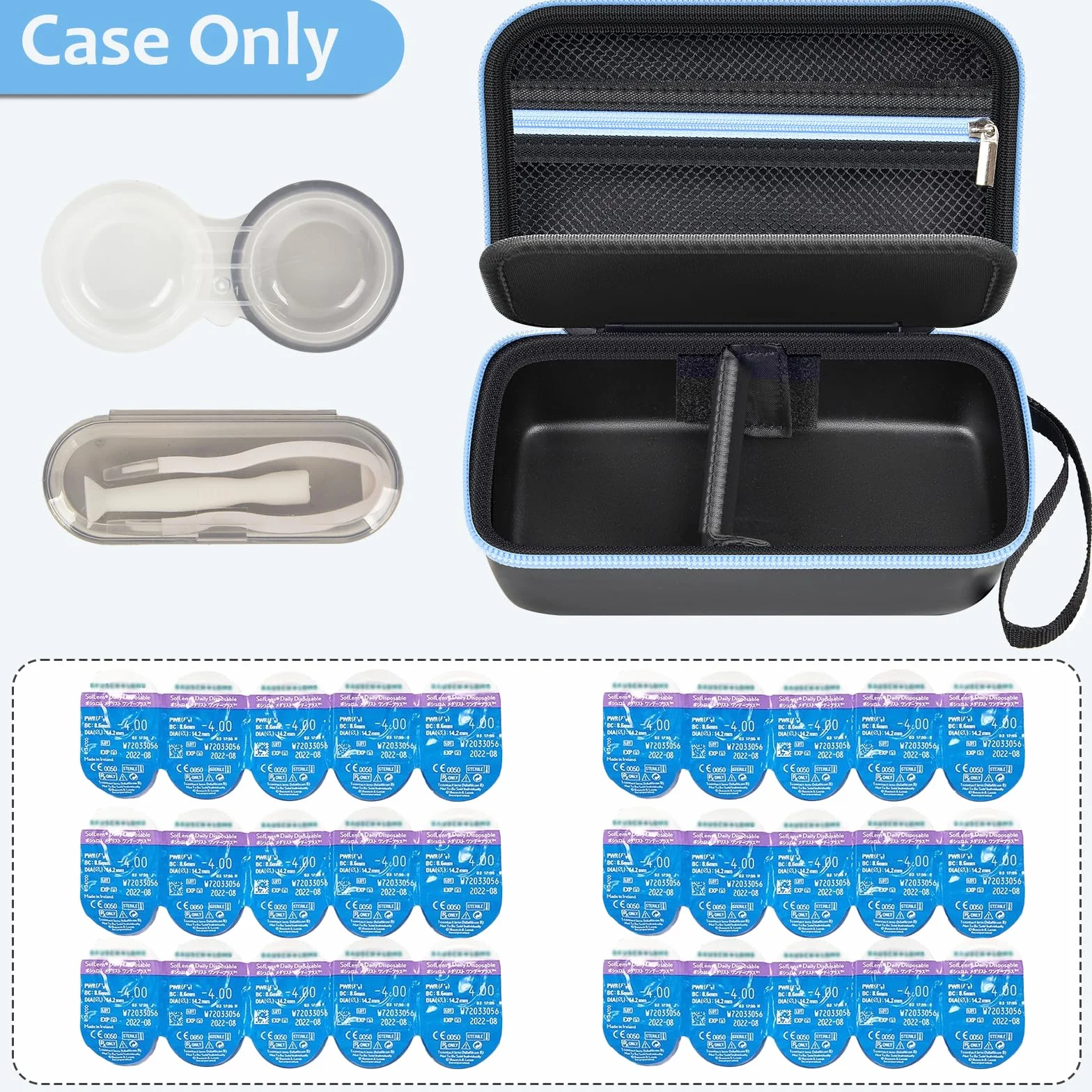 Custodia per lenti a contatto giornaliere per oltre 30 lenti, organizer portatile con tasca in rete, soluzione da viaggio