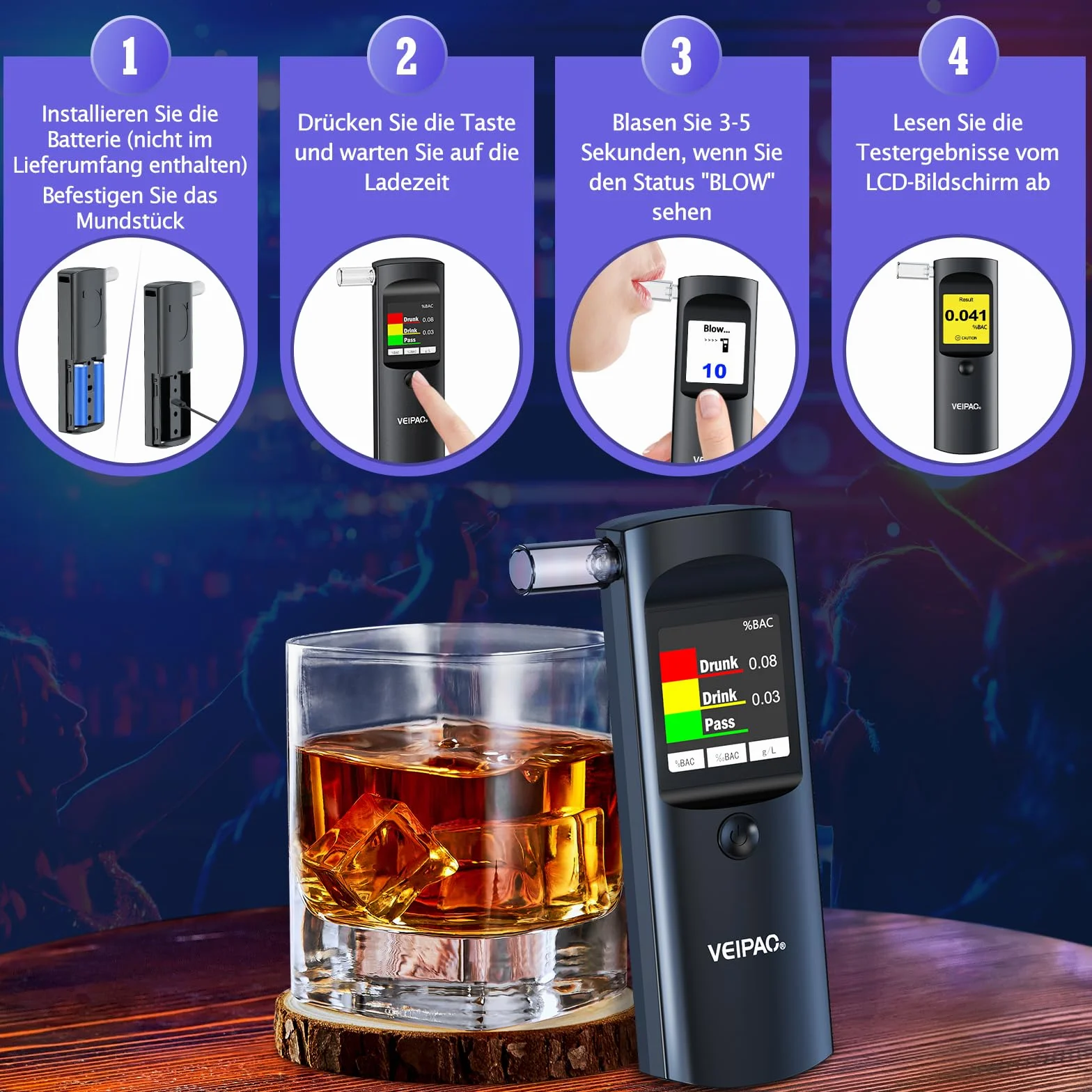 Etilometro Portatile Certificato Alcol Test Professionale Italiano con 11 Boccagli Schermo LCD Digitale Alta Precisione Nero