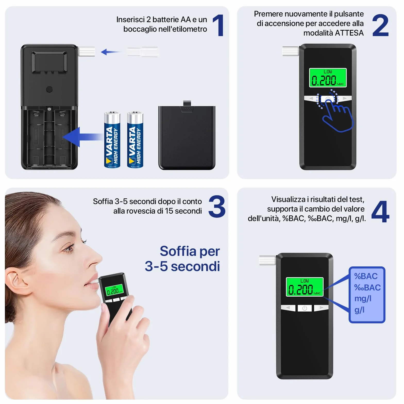 Etilometro Portatile Certificato, Altamente Preciso Alcol Test con Display LCD Blu,Ideale per Uso Domestico e Feste, con 10 Boccagli Inclusi