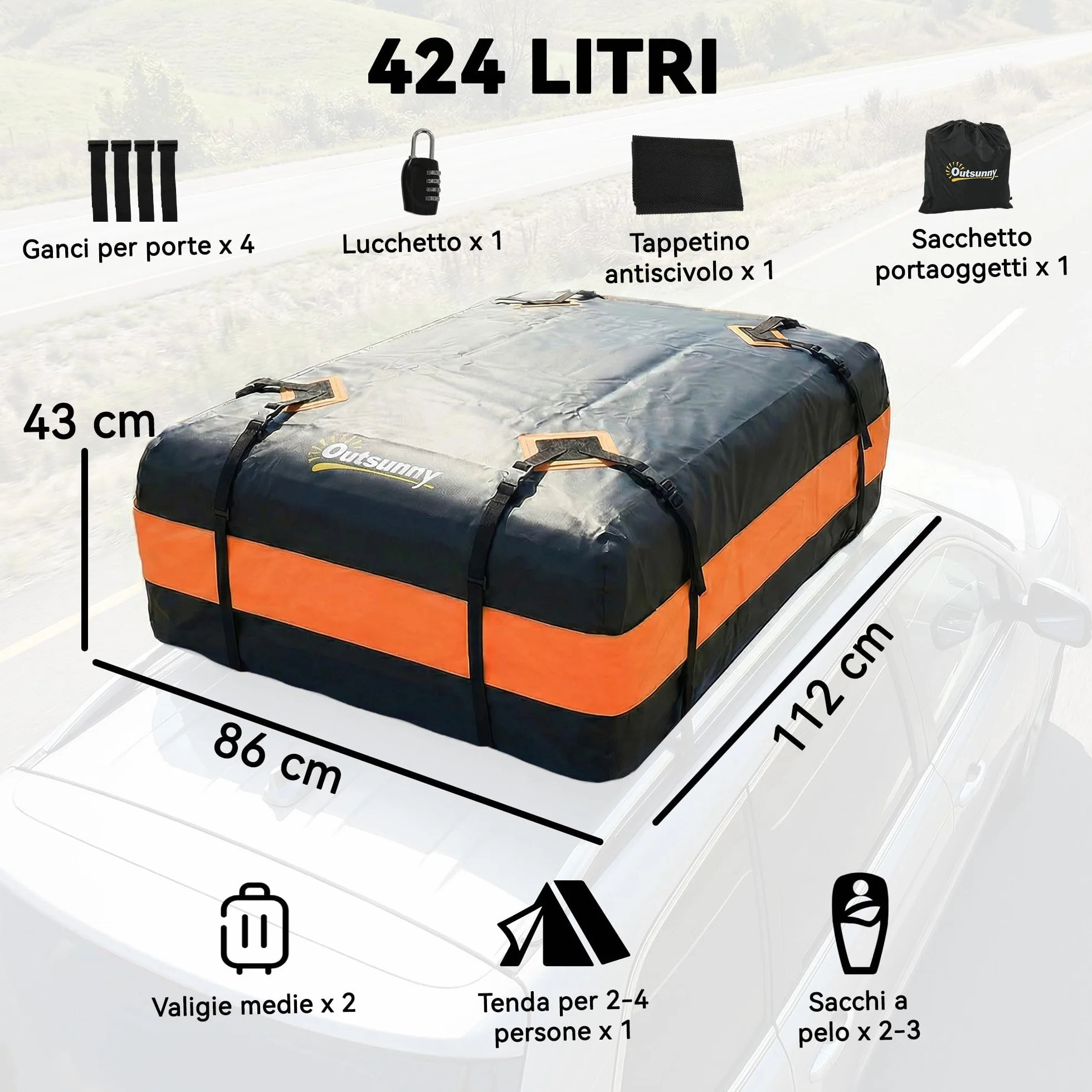 Outsunny Portabagagli da Tetto 425 Litri Impermeabile, Borsa da Tetto Auto, Arancione