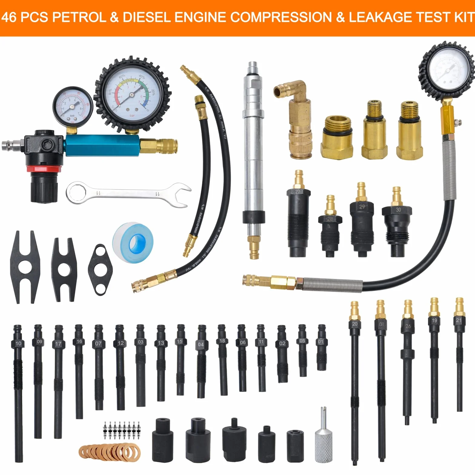 46pz Tester Compressione e Perdite per Motori a Benzina & Diesel, Prova Compressione Motore, Tester di Perdita di Pressione per la Maggior Parte di Auto, Camion, Motociclette