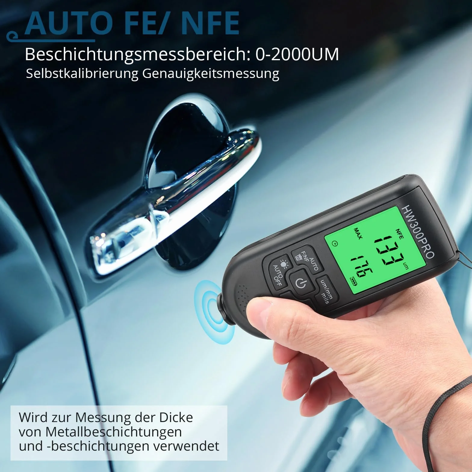 Spessimetro Vernice Auto 0-2000um, Misuratore Spessore Coating per Metalli FE/NFE, 3 Unità μm/mm/mil, Display Retroilluminato, 50 Dati, Alta Precisione per Auto Industria Officina