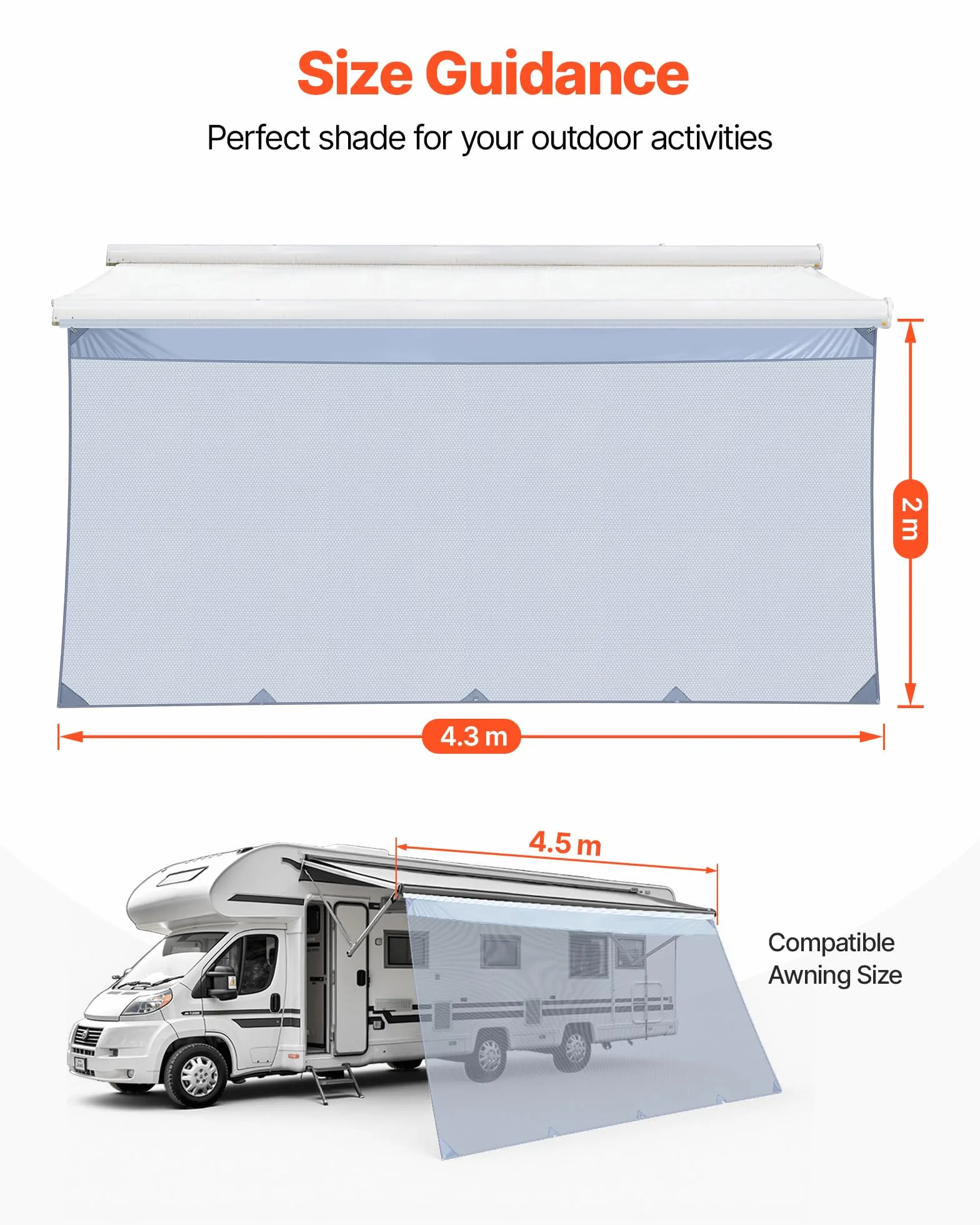 VEVOR Pannello Laterale Frangisole in Poliestere Trasparente Parete Frontale per Camper Roulotte 2x4,3m Compatibile per Tenda da Sole 4,5m