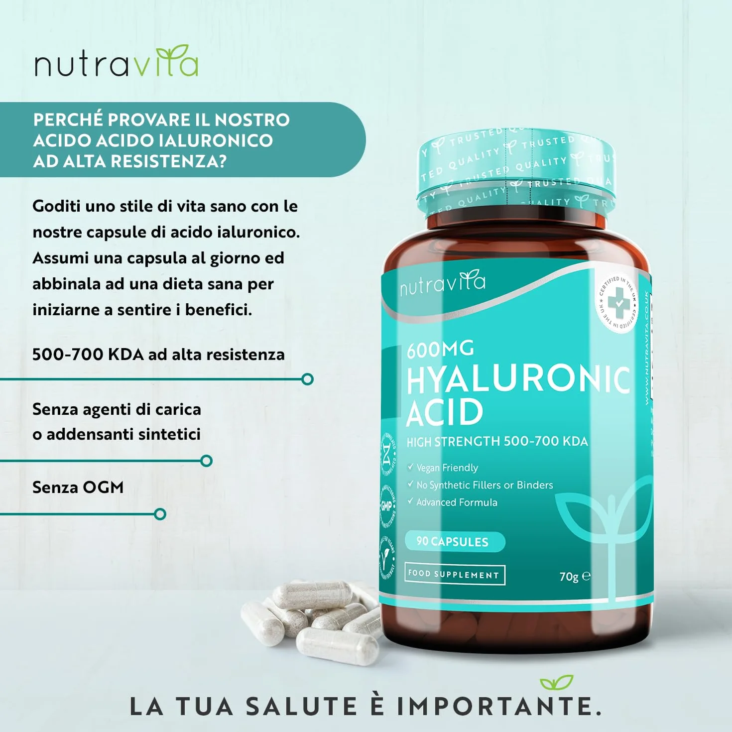 Nutravita Acido Ialuronico Capsule 600 mg 3 Mesi Alto Dosaggio 500-700KDA Senza OGM
