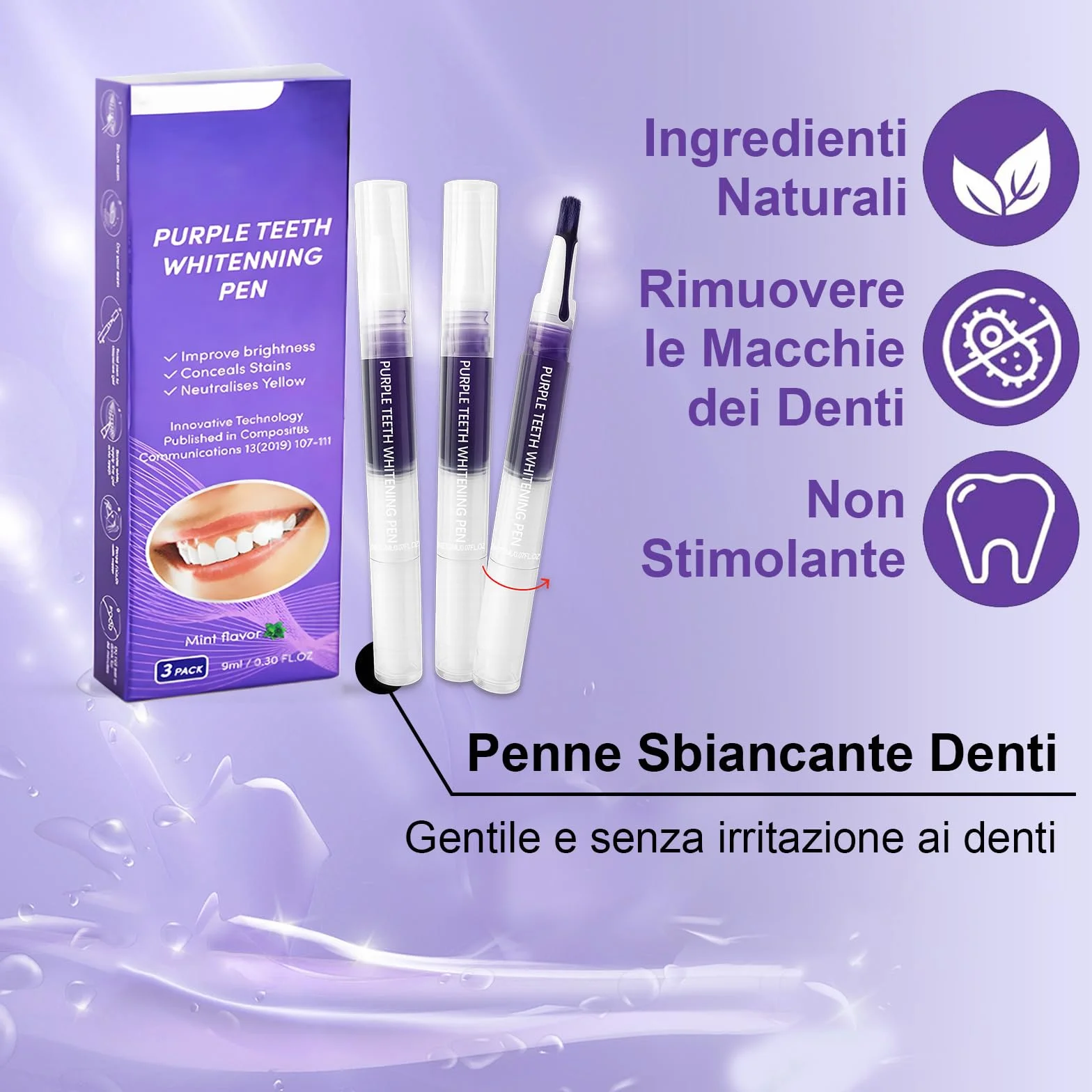 Kit Sbiancante Denti Professionale, Gel Sbiancamento Dentale, Rimuove Macchie Caffè, Viola 3 Pezzi