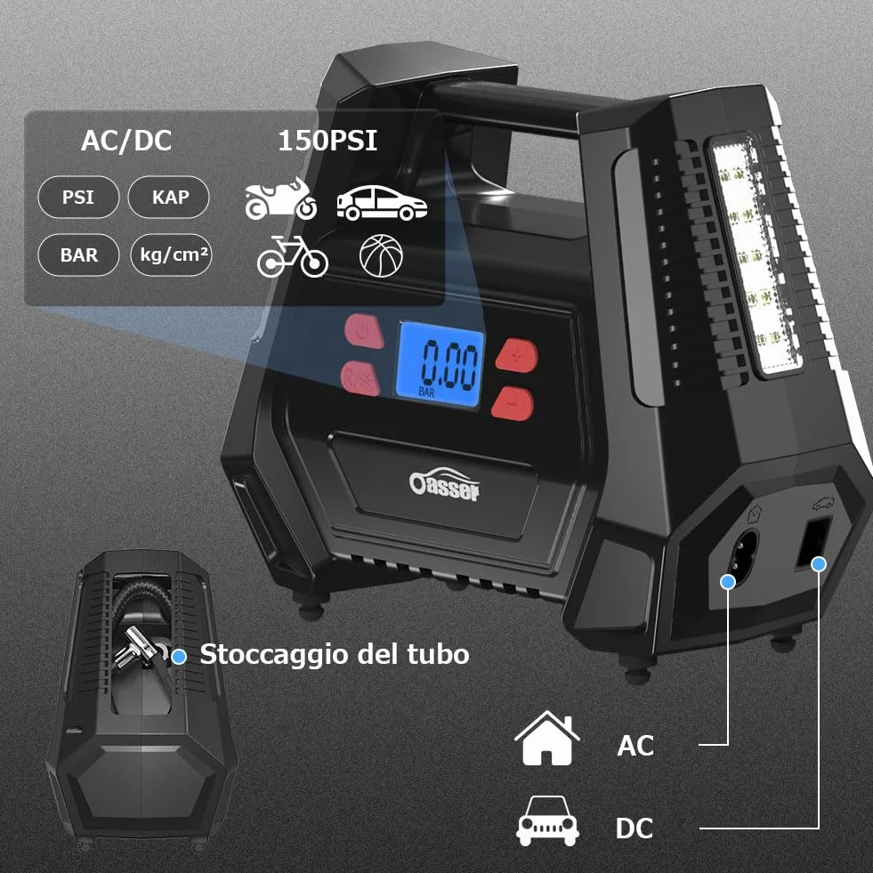 Oasser Compressore d'aria 12V 230V AC DC 2 in 1 Pompa ad aria auto 150 PSI Motore cilindro 22 mm Rame puro