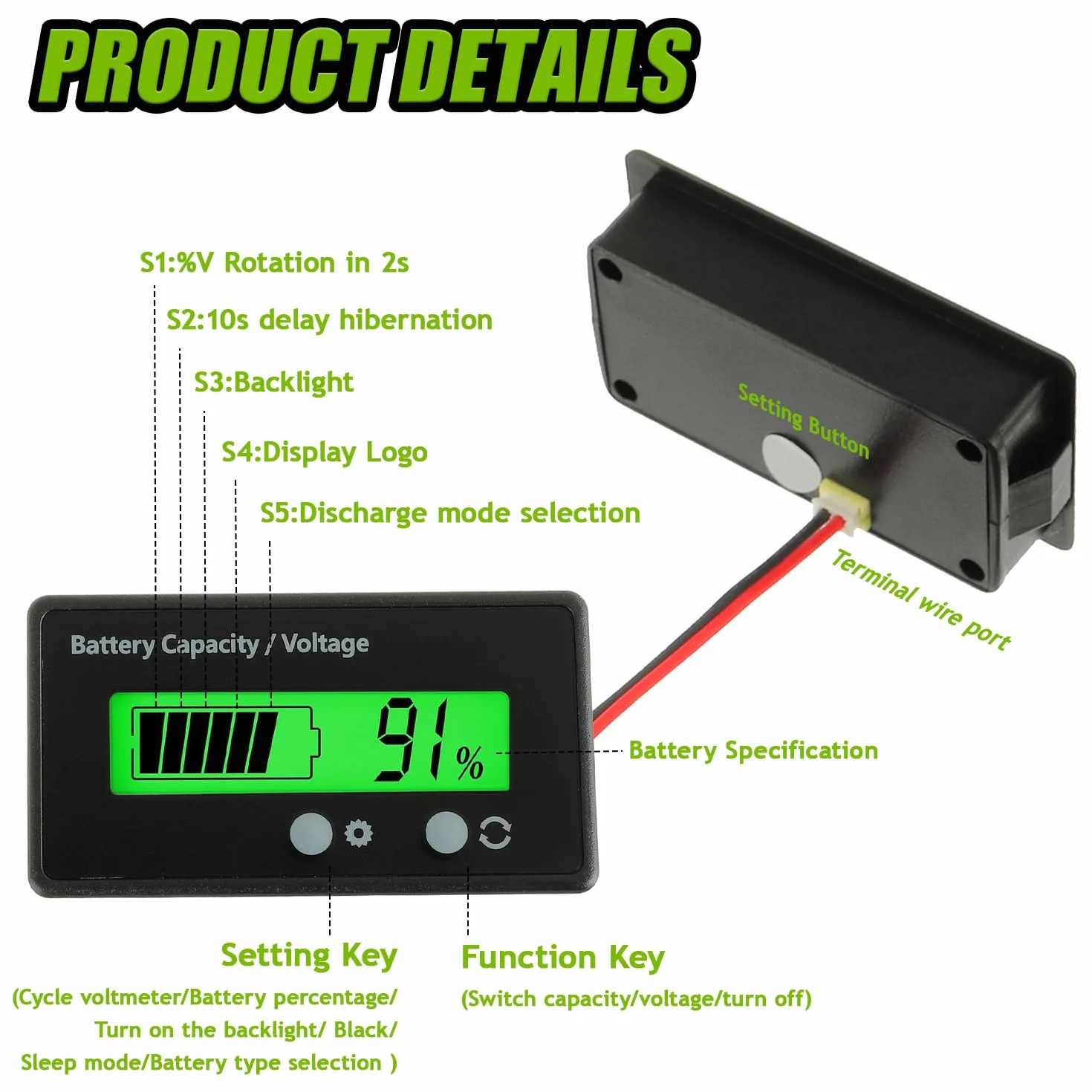 Batteria Capacità Monitor Gauge Meter, DC 12V-72V Universale Tester Voltmetro, Tensione e Capacità Batteria al Piombo e Li-Ion (Luce Verde)