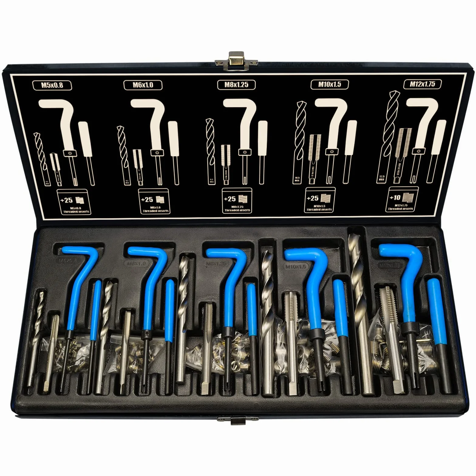 Haskyy Set di attrezzi per riparazione filetti Helicoil motore auto filettatura interna manicotti inserti M5 M6 M8 M10 M12 131 pezzi