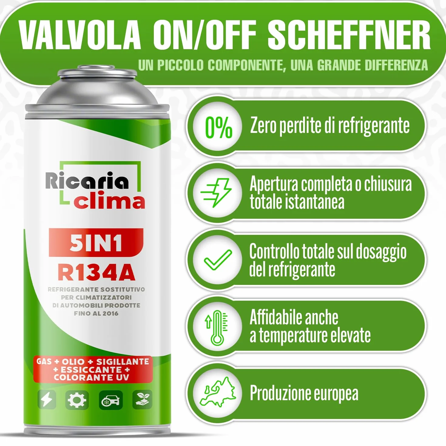 5-in-1: Refrigerante R134a + Tubo flessibile, 235 g per bomboletta, per climatizzatori auto con olio, additivo sigillante, colorante UV, agente disidratante – Protegge il compressore
