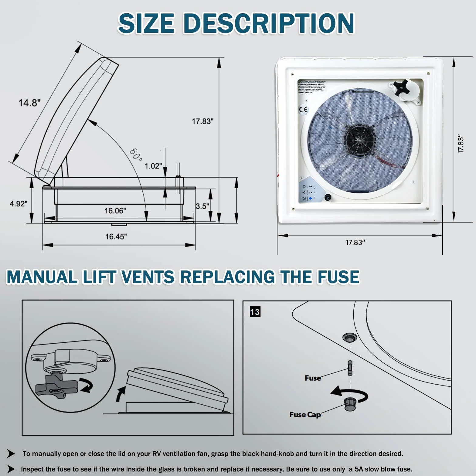 Ventilatore da tetto 12V 40x40 cm per Camper Caravan con sensore pioggia e silenzioso