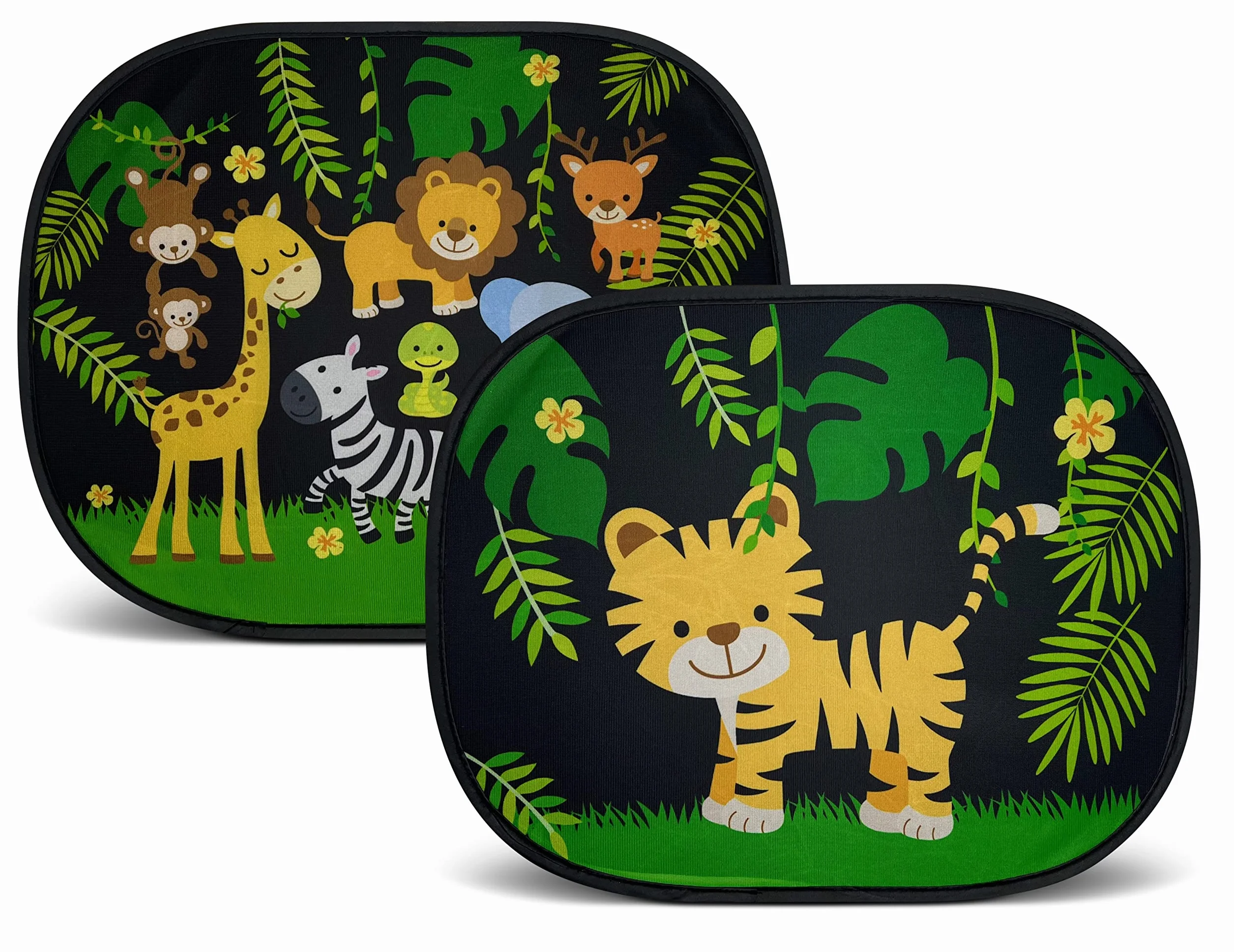 HECKBO 2x parasole per auto con 8 ventose - motivo animali della giungla - 44x36cm - parasole per finestrino laterale dell'auto - con tasca - per bambini, ragazze e ragazzi