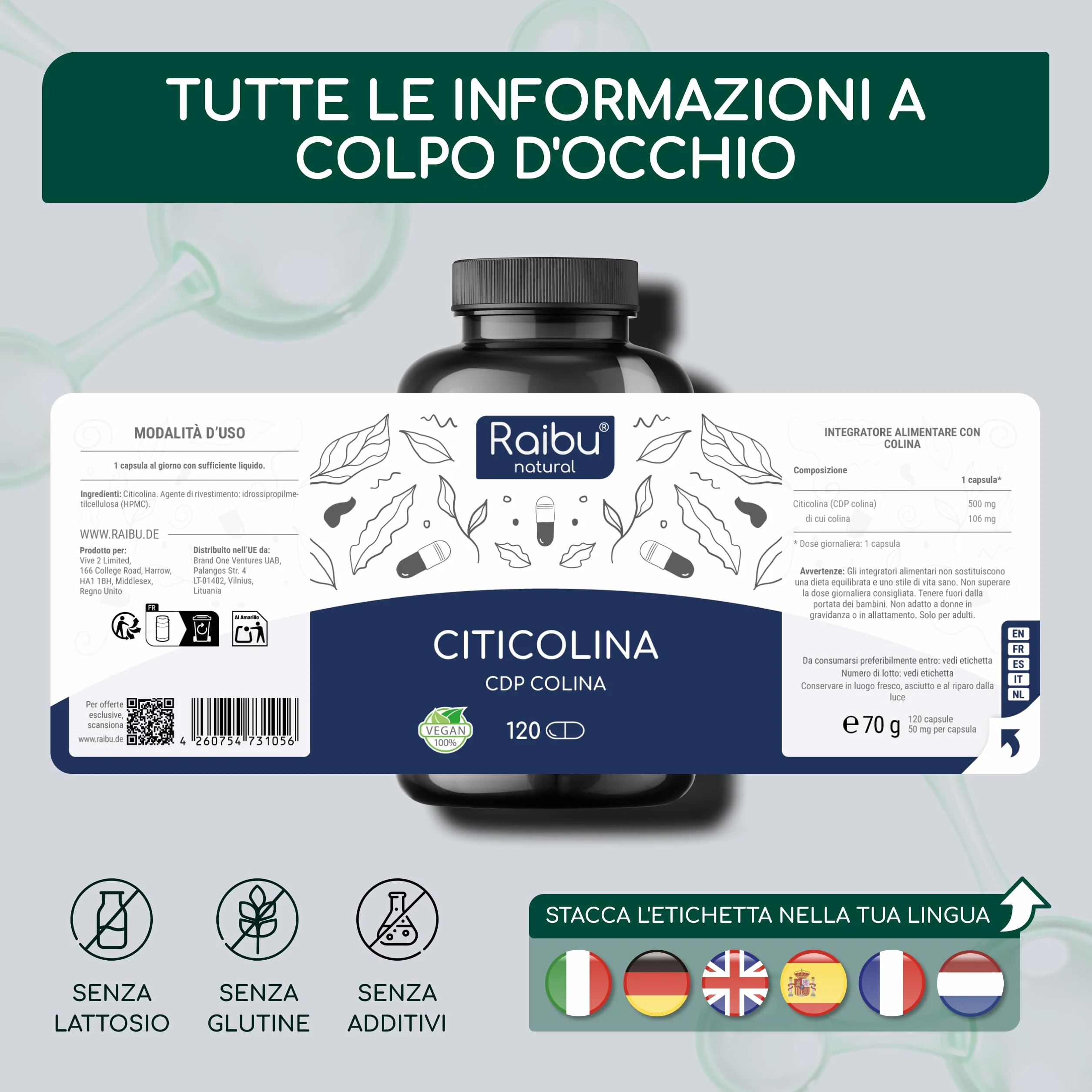Citicolina 500 mg per Capsula 120 Capsule - CDP-Colina Pura Memoria Concentrazione Funzione Cellulare Vegano
