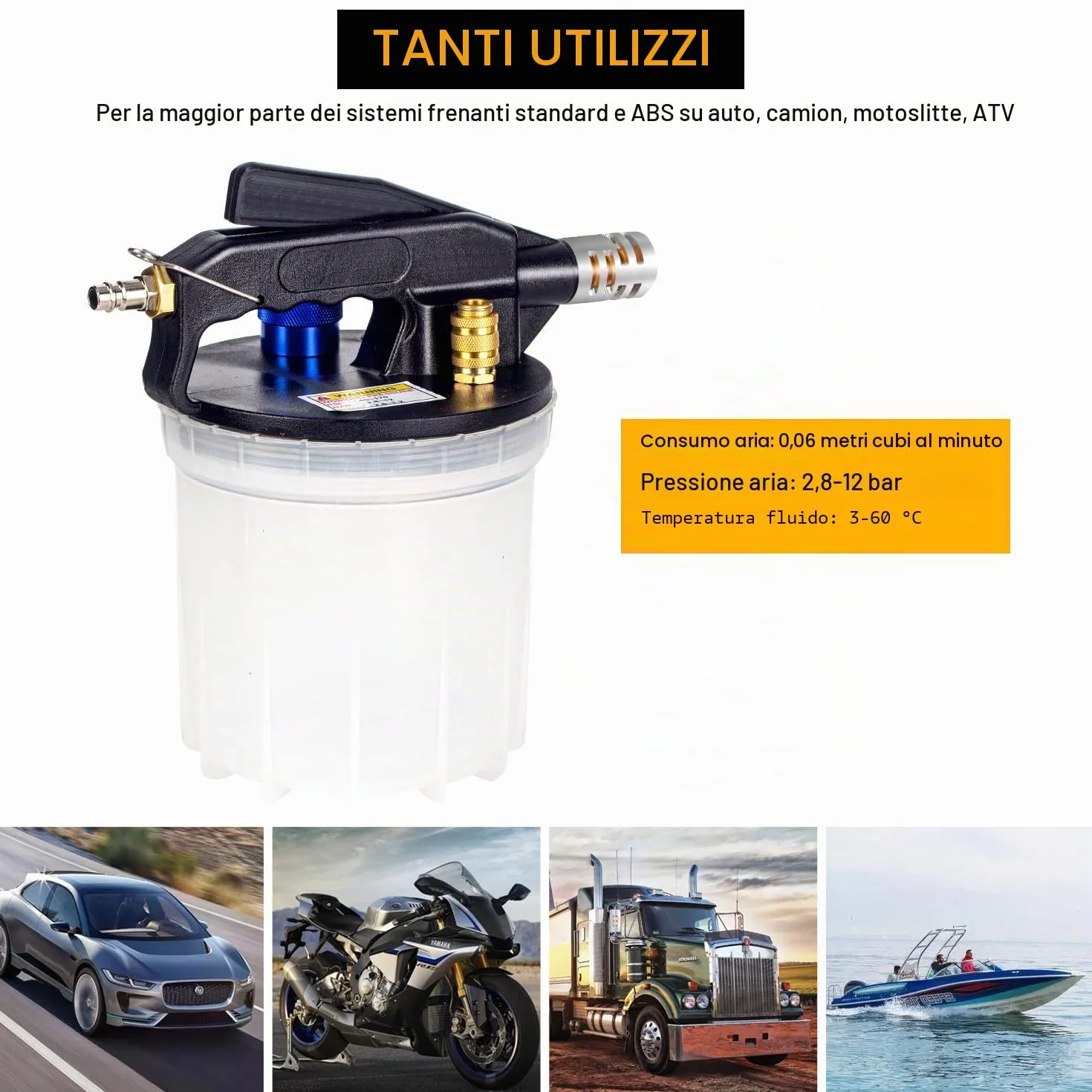 Spurgo Freni 2L Dispositivo ad Aria Compressa per Auto con Contenitore 1L di Aspirazione e Adattatori