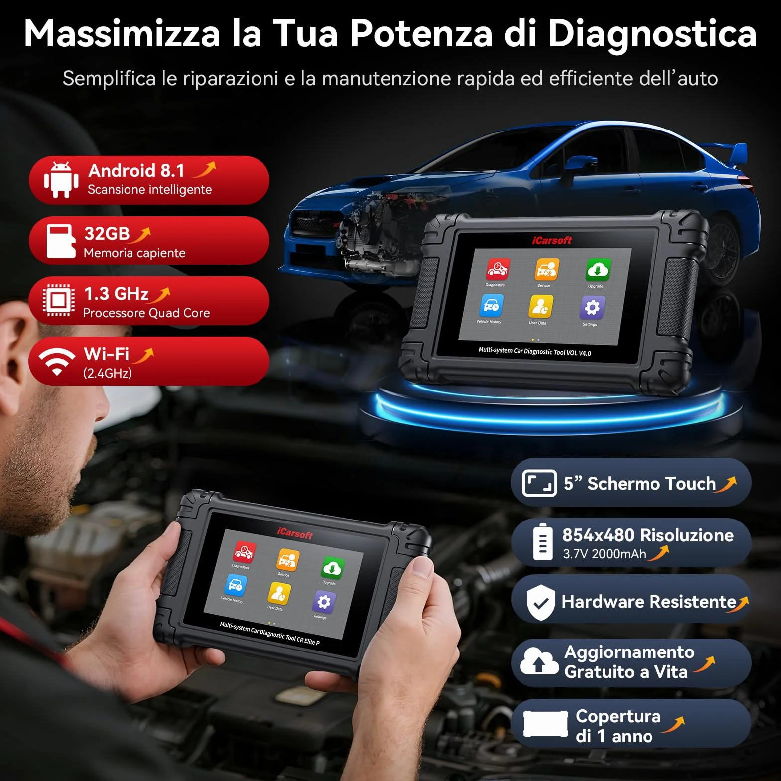 iCarsoft CR Elite P Auto Diagnostica Bidirezionale 49 Funzioni Reset Lettore Codice Test Batteria VIN Automatico