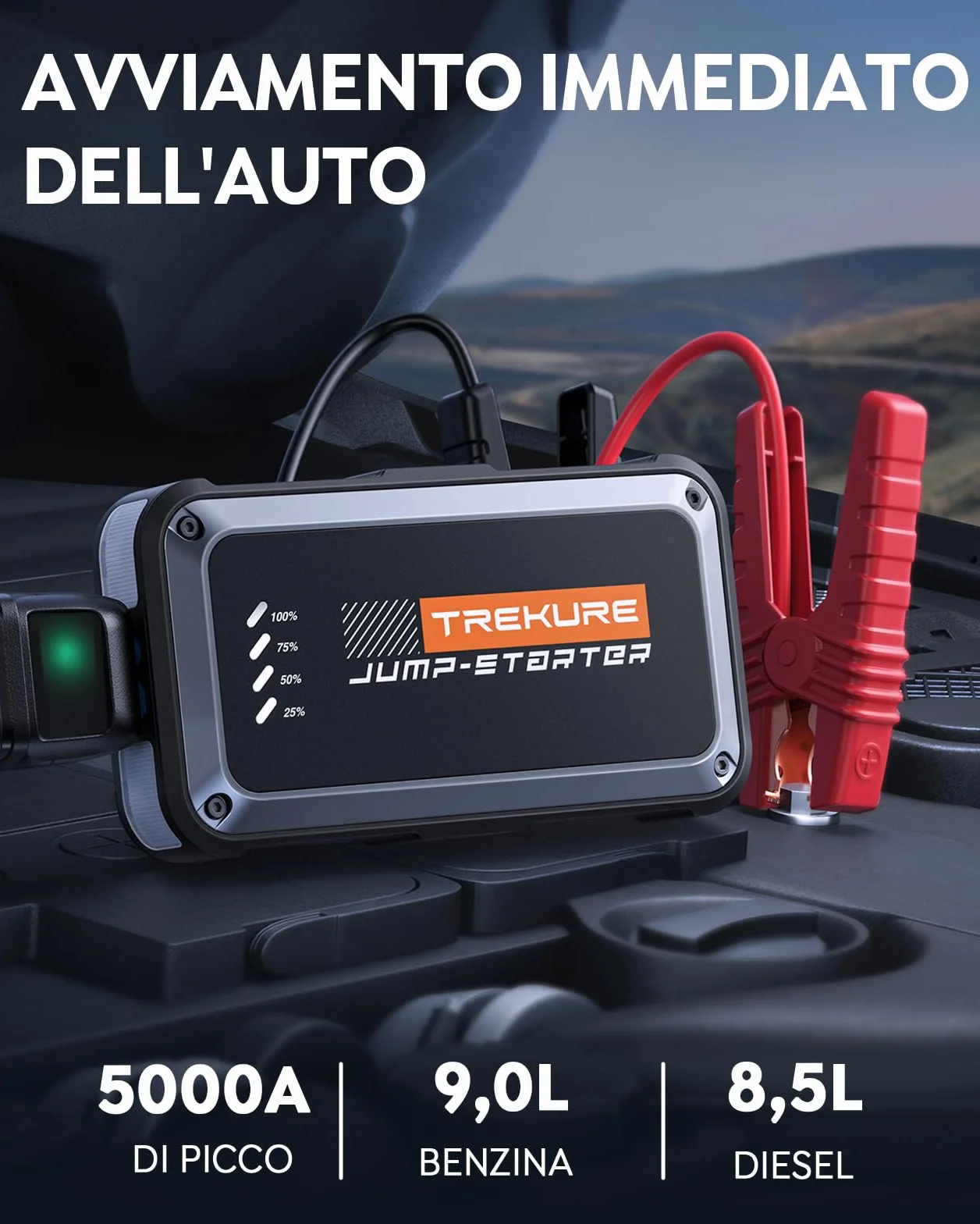 TREKURE Avviatore Batteria Auto 5000A 16800mAh 12V Booster Avviamento Portatile per Motori 9.0L Benzina 8.5L Diesel
