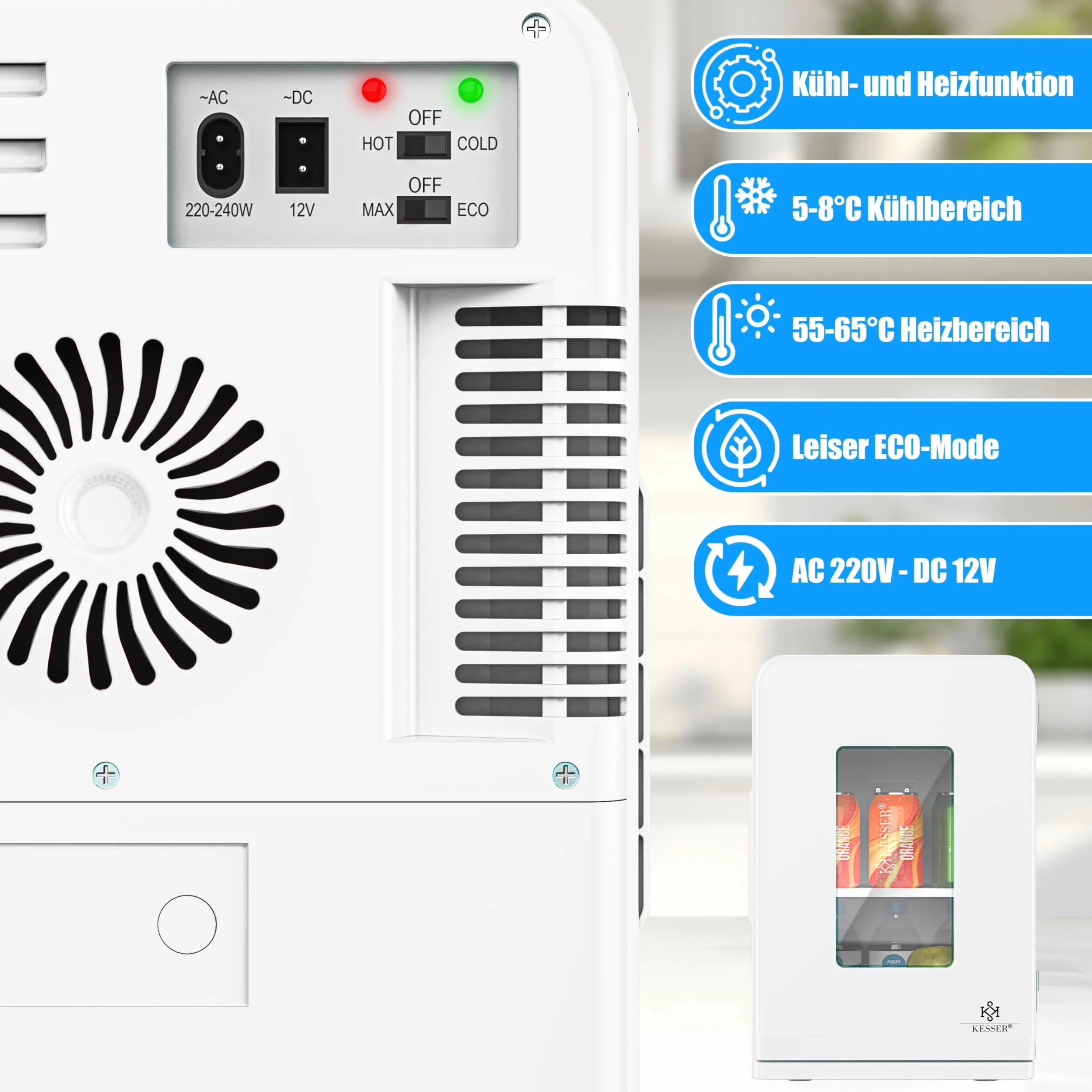 KESSER® 2in1 mini frigo box 15 litri funzione raffreddamento e riscaldamento portatile AC DC 220-240V/12V presa e accendisigari scalda sigaretta mini box termico auto ufficio, bianco