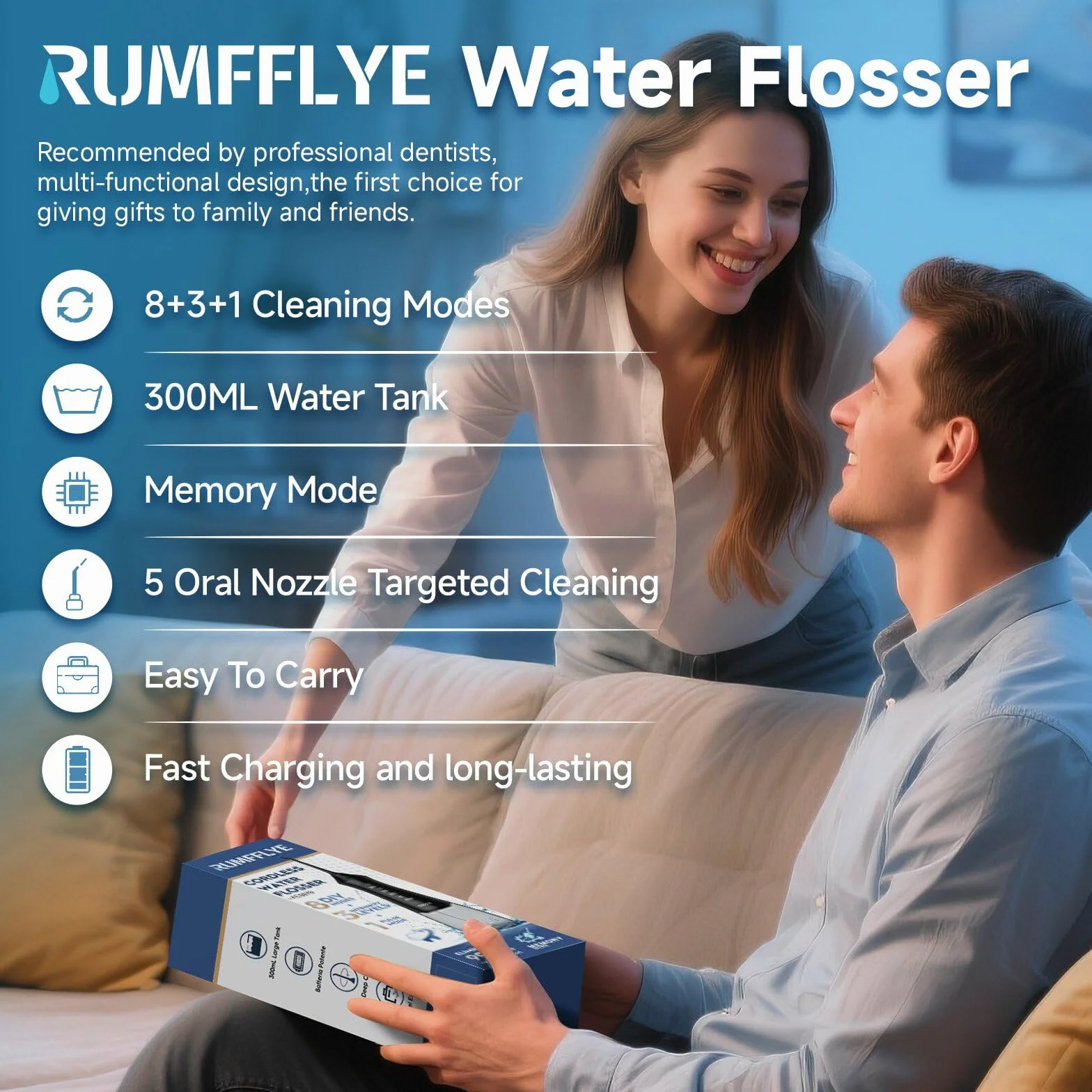 Idropulsore Dentale Portatile Irrigatore Orale Professionale Water Flosser 12 Modalità 300ML Ricaricabile Impermeabile IPX7 Nero