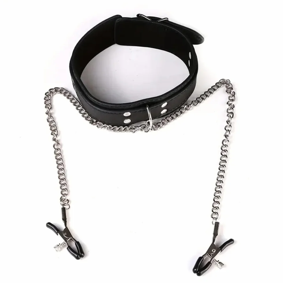 Collare a catena e clip in pelle PU per adulti