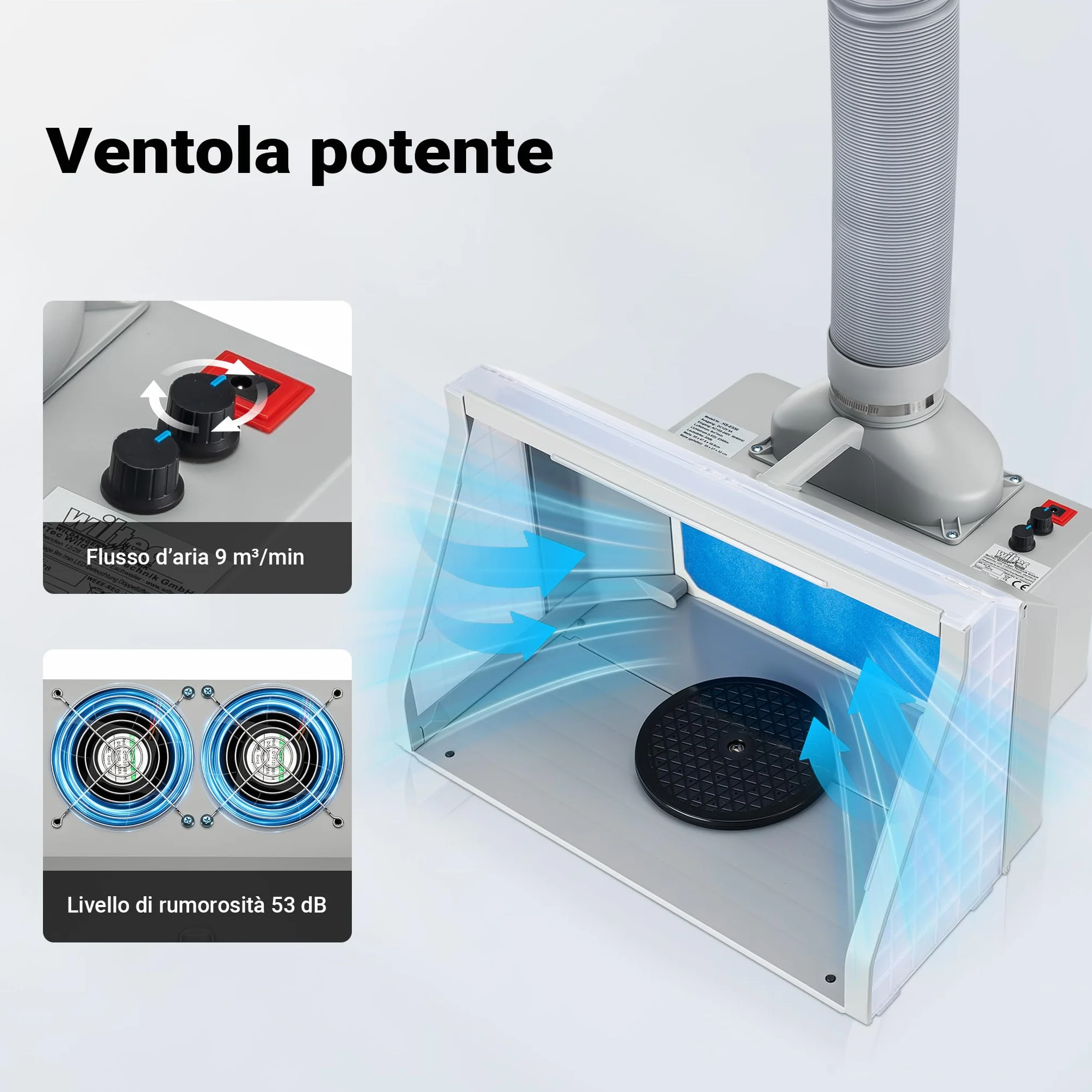 Wiltec Cabina di aspirazione per verniciatura 9m³/min con LED, manopola e Doppia Ventola Regolabile