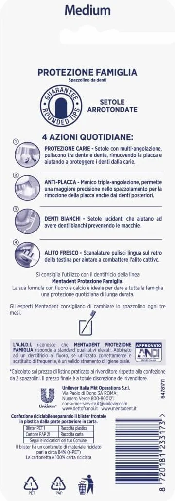 Mentadent Protezione Famiglia 4 Spazzolini Setole Medie Multi-angolazione Manico Tripla Angolazione Setole Lucidanti Pulisci-lingua Morbido