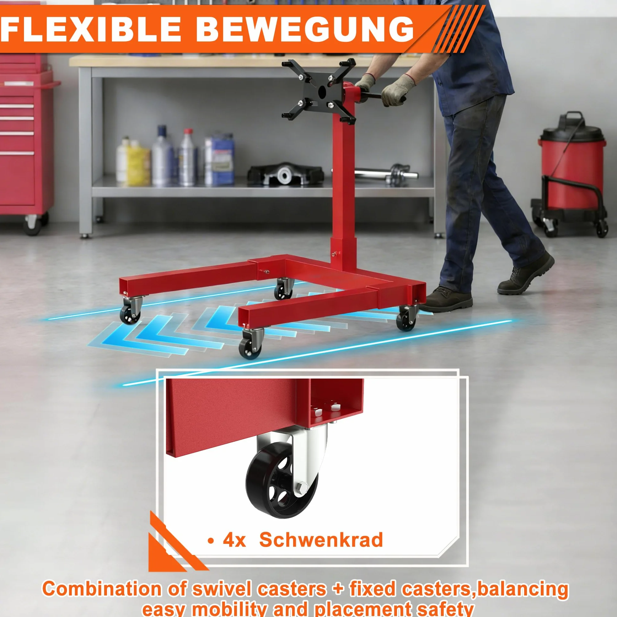 ACXIN Cavalletto motore 570 kg supporto girevole 360° sollevatore bracci regolabili 4 ruote acciaio laccato rosso