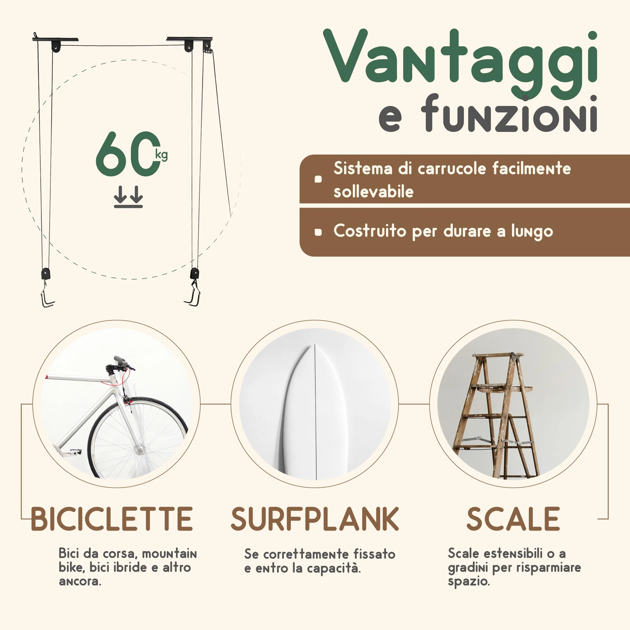 Bicicletta di Sollevatore Supporto Soffitto 60 kg 4 m