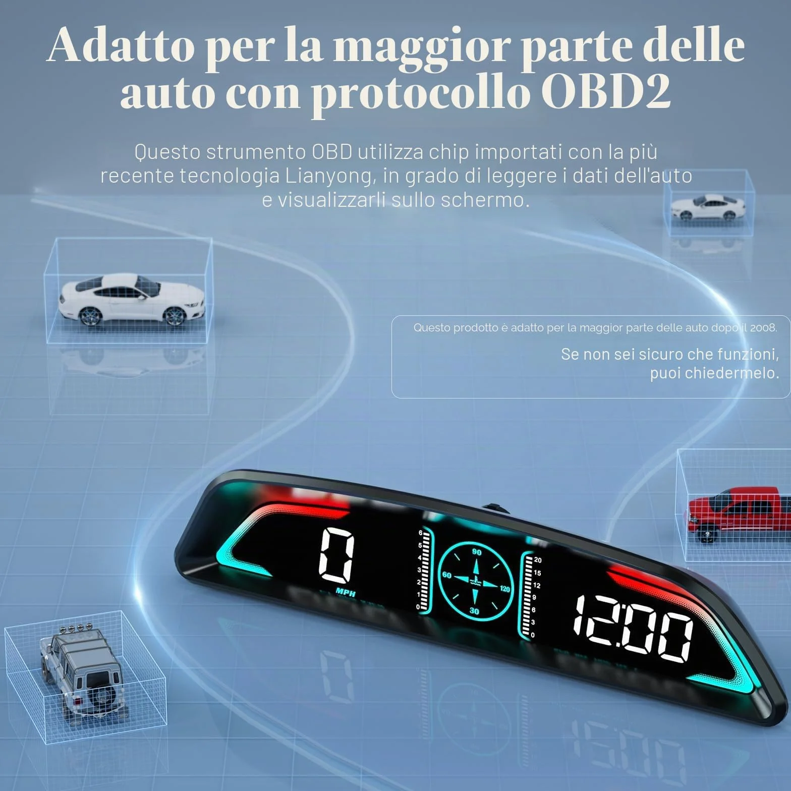 Car HUD Head Up Display, MPH and KM/H, AMROOLOO, Heads Up Display Car, Display Car Speed, RPM, Time and Other Functions, Digital Speedometro Auto MPH