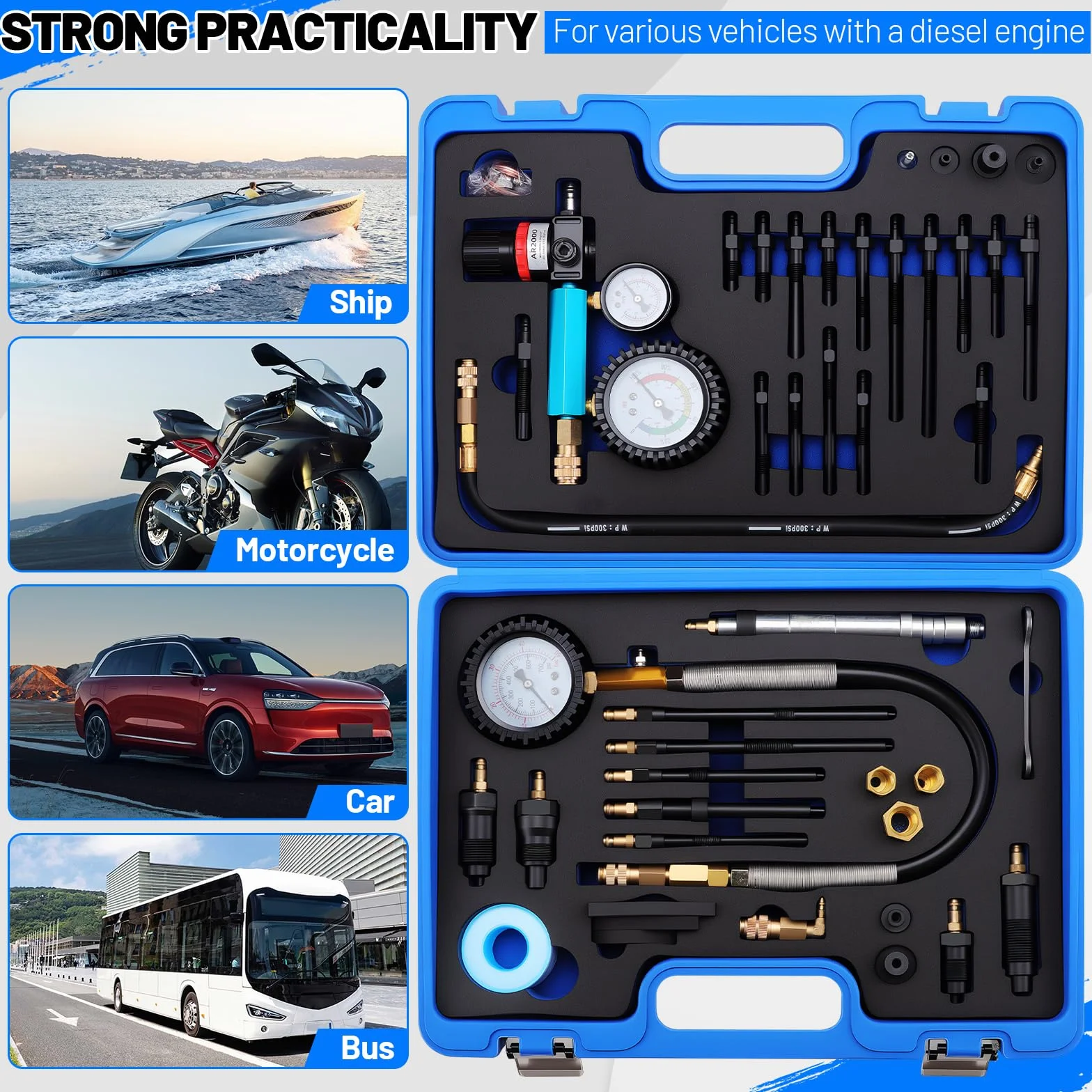 KAOLALI 46 Pezzi Tester di Compressione per Motori a Benzina e Diesel, Tester di Perdita di Pressione 0-725 psi, Testers Motore per Motori Diesel e Benzina HDi, TDCi, M24, M22, M20, M14, M12, M10, M8